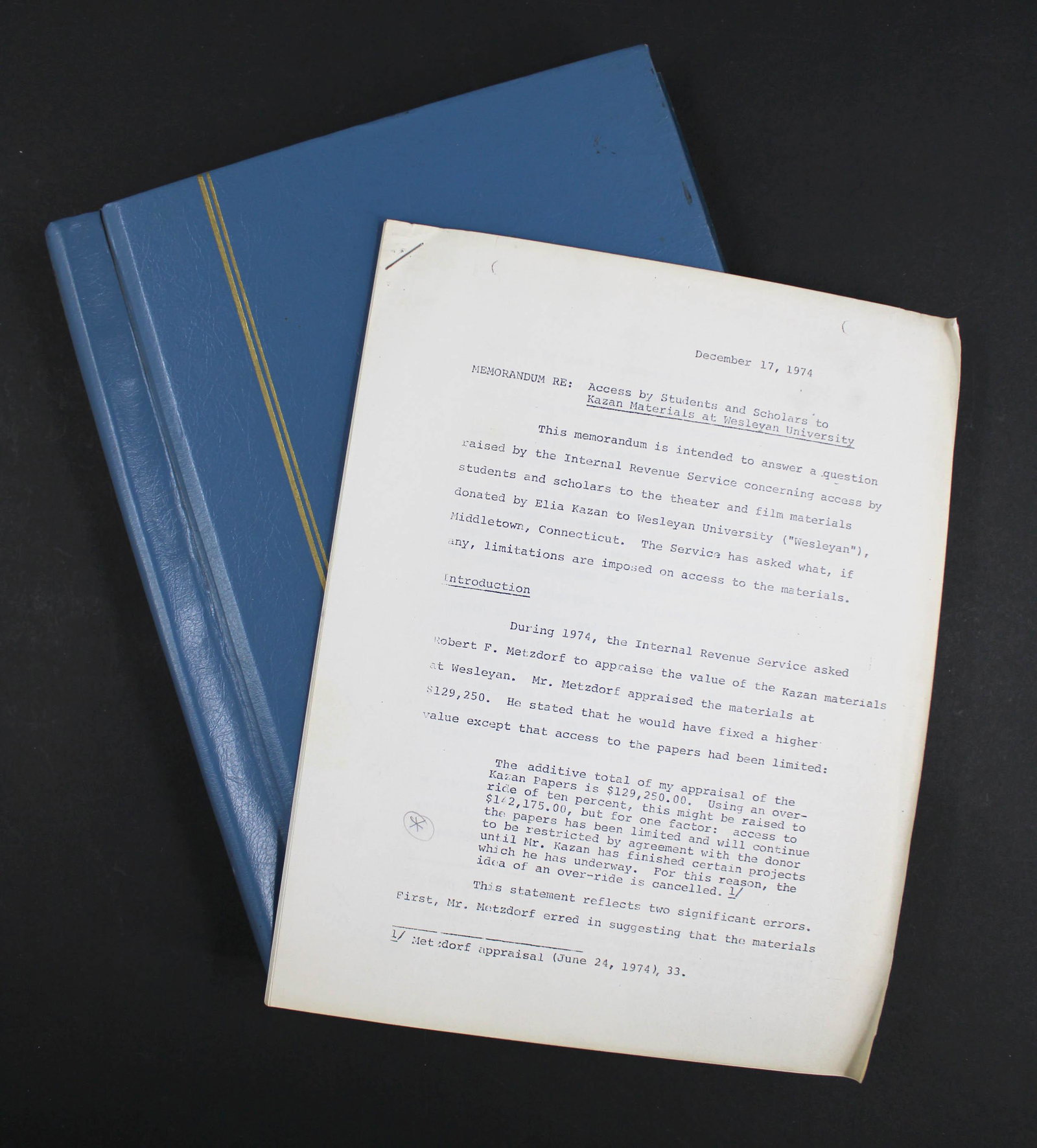 Andreas Brown, The Literary Archive of Elia Kazan: Andreas Brown, Appraisal of The Literary Archive of Elia Kazan. Bound in 1973 and includes 1974 memorandum. Size: 11.5"H x 9.25"W x 1.5"D