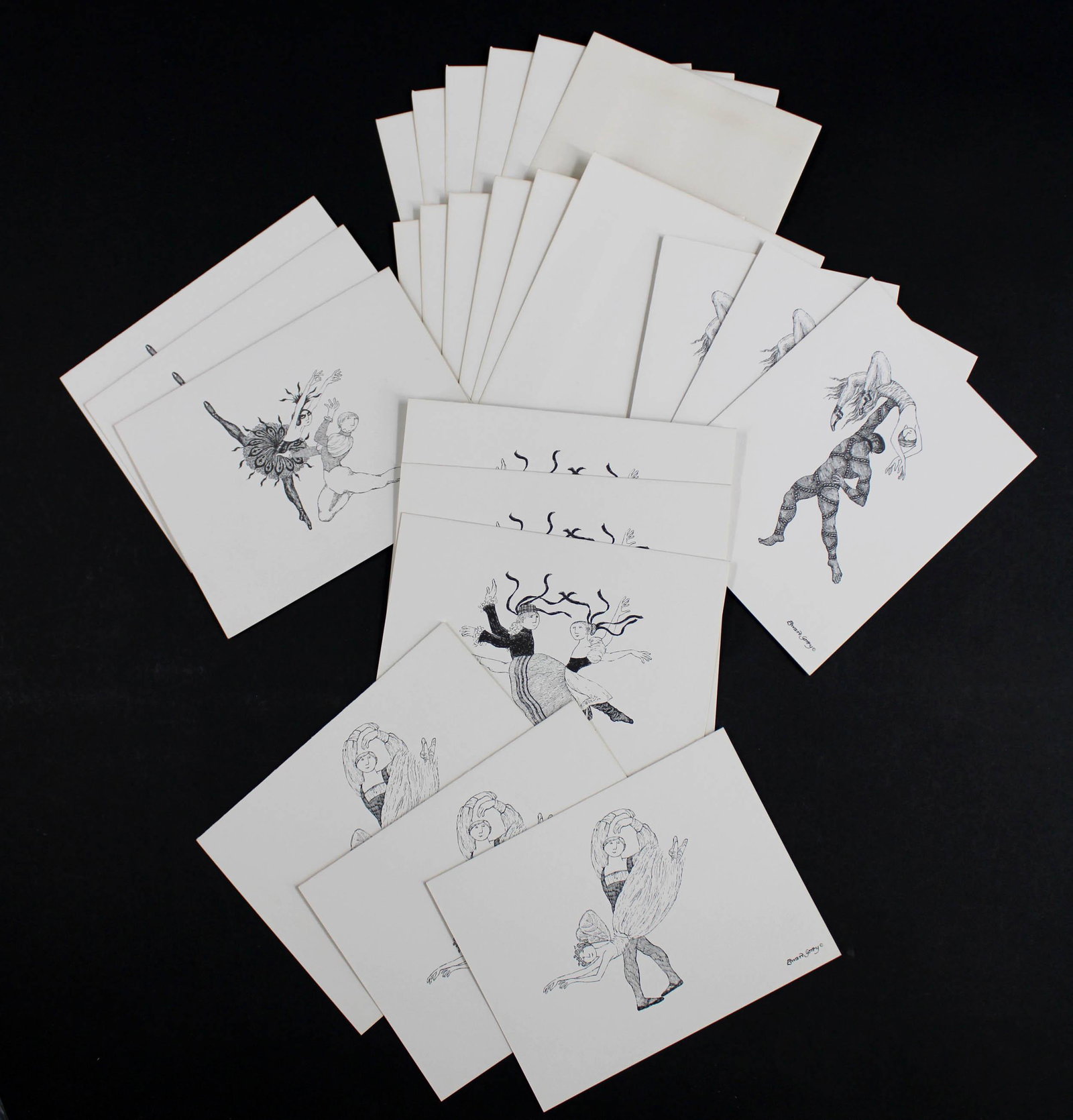 New York City Ballet Notecards by Edward Gorey: Correspondence Notes by Edward Gorey for New York City Ballet. 12 cards, 4 designs. Crushed box. Size: box 5.25"H x 7"W x 1"D cards 5"H x 6.5"W