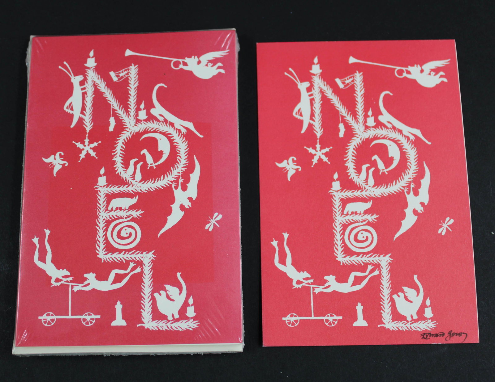 Edward Gorey Fundraiser Christmas Cards, 1 signed: Edward Gorey, Signed Fundraiser Christmas Cards. To benefit the human services agencies on Cape Cod. Christmas, 1990. One signed card with pack of 12 cards with envelopes. Size: 4" x 6" envelope.