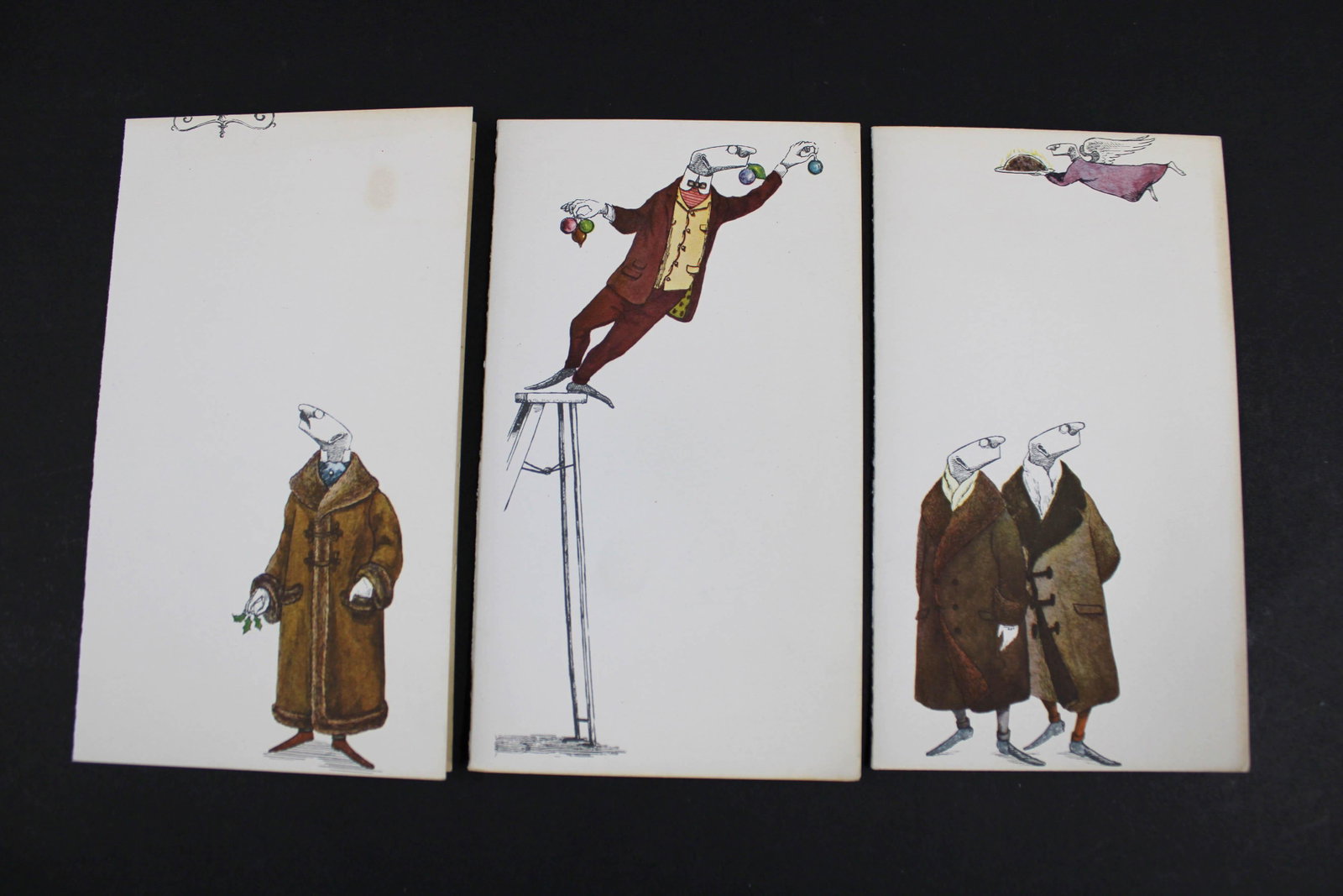 3 Vintage Edward Gorey, The Holiday Spirit, Cards: 3 Vintage Edward Gorey, The Holiday Spirit, Cards. Printed by Barton-Cotton Inc., Baltimore. Size: 7"H x 4"W