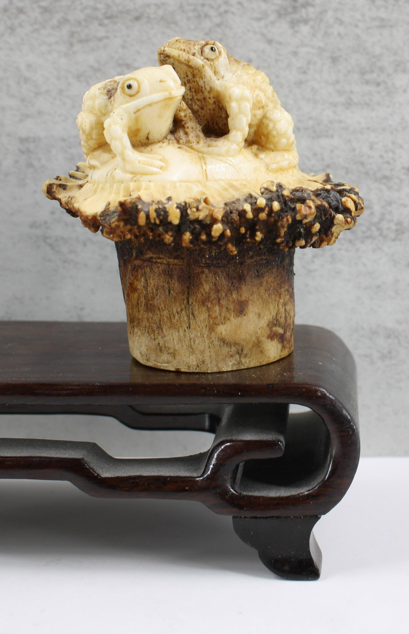 Japanese Carved Antler Netsuke: Carved Antler in the form of Frogs. Size: 2.25"T x 2"L x 2"D