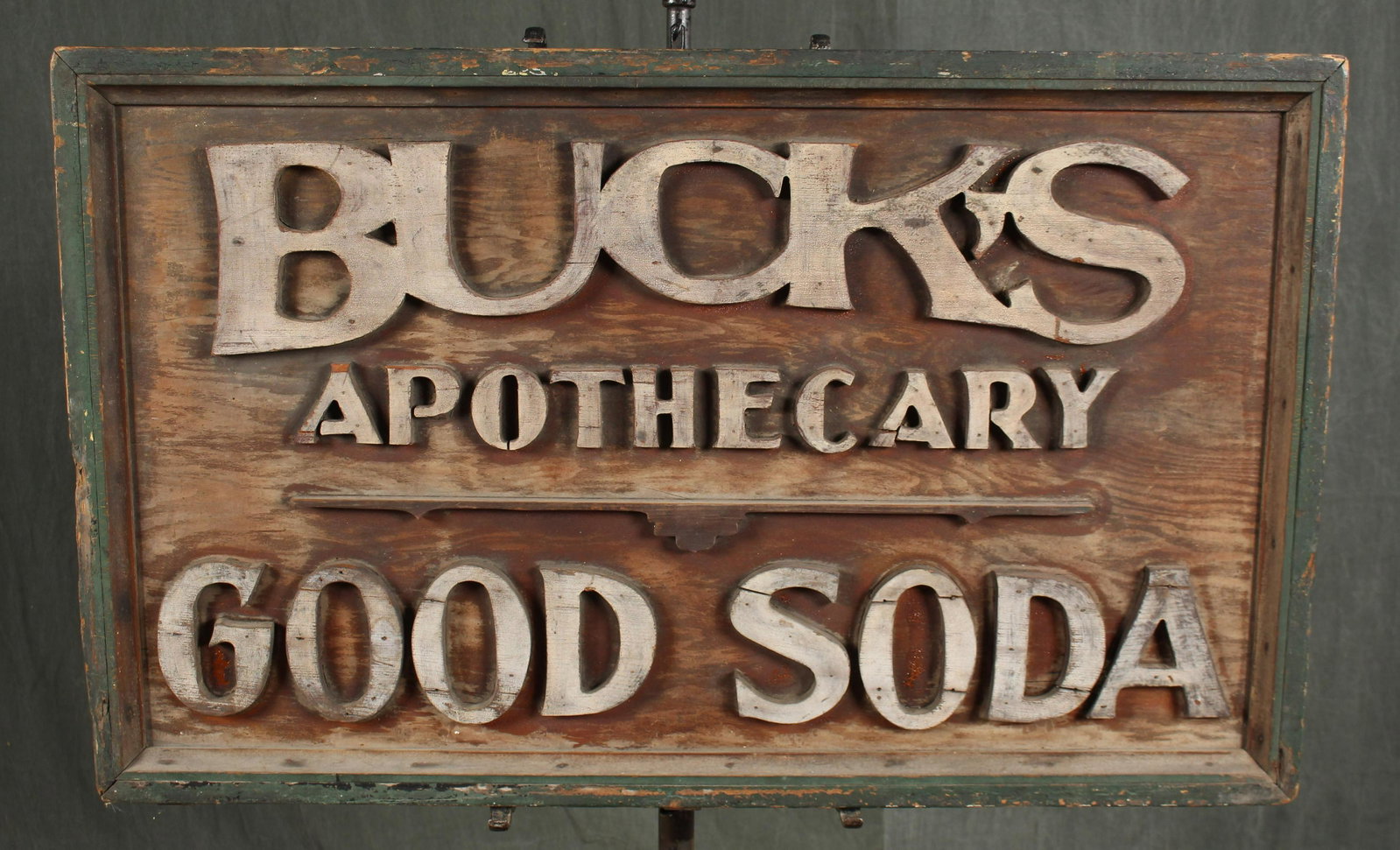 Vintage Buck's Apothecary Good Soda Sign: Vintage Buck's Apothecary Good Soda Advertising Sign. Size: 24" x 39.25" x 4.5"