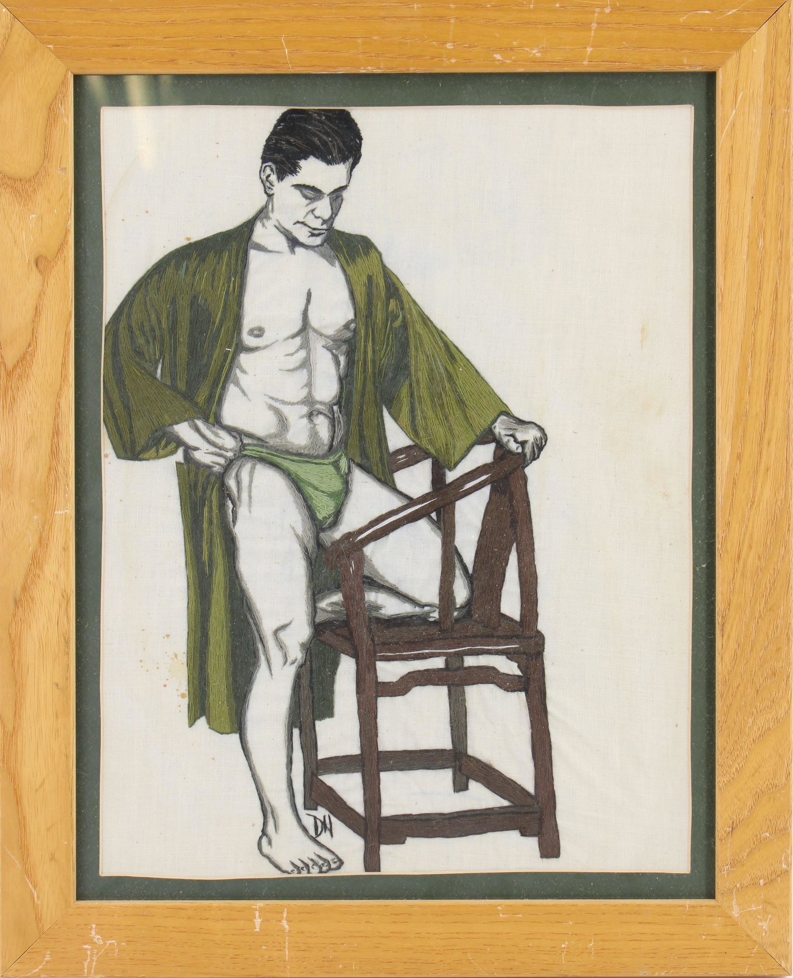 Erotic Beefcake Needlework Panel, DH: Erotic Beefcake Floss Needlework Panel. Monogrammed DH. Estate found. Size: Frame 16"T x 13"W, image 12.5"T x 9.5"W