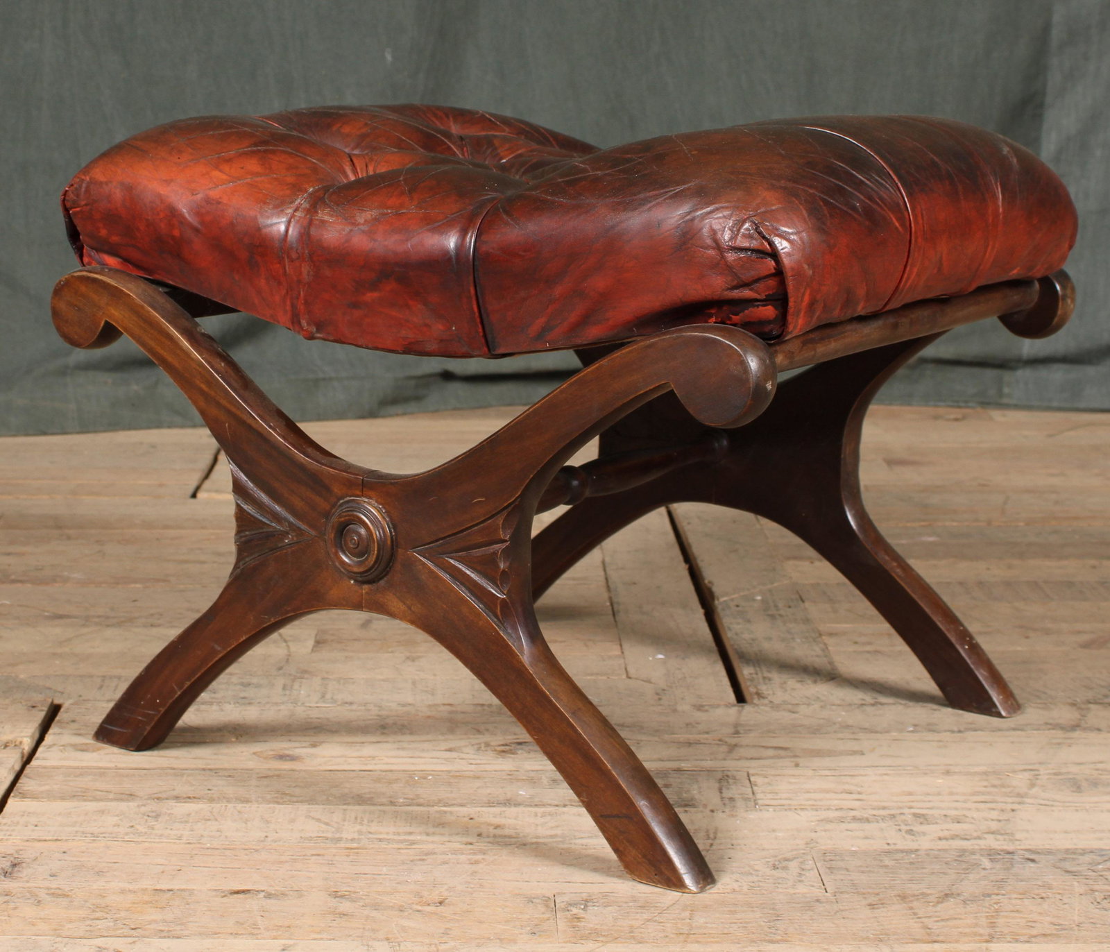 English Tufted Leather Ottoman (1 of 4)