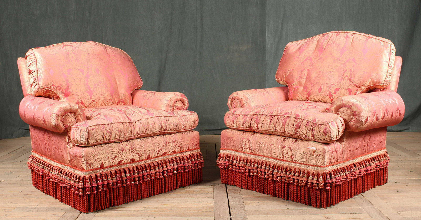Pair Satin Brocade Upholstered Bergeres: Satin Brocade Upholstered Bergeres. Size: 35" x 38" x 36"