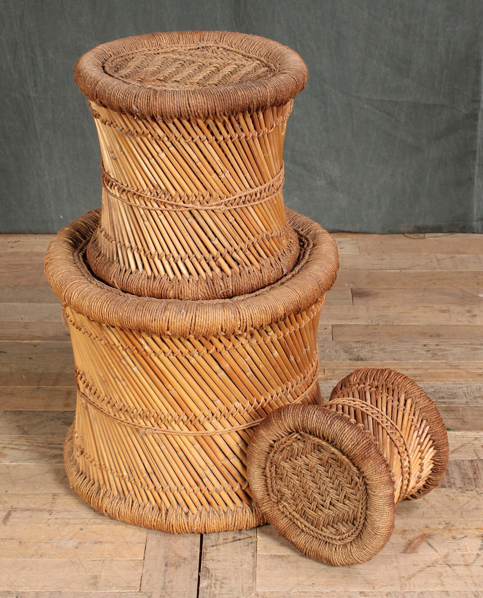 Stacked Set of 3 Jute Stools or Taborets (1 of 5)