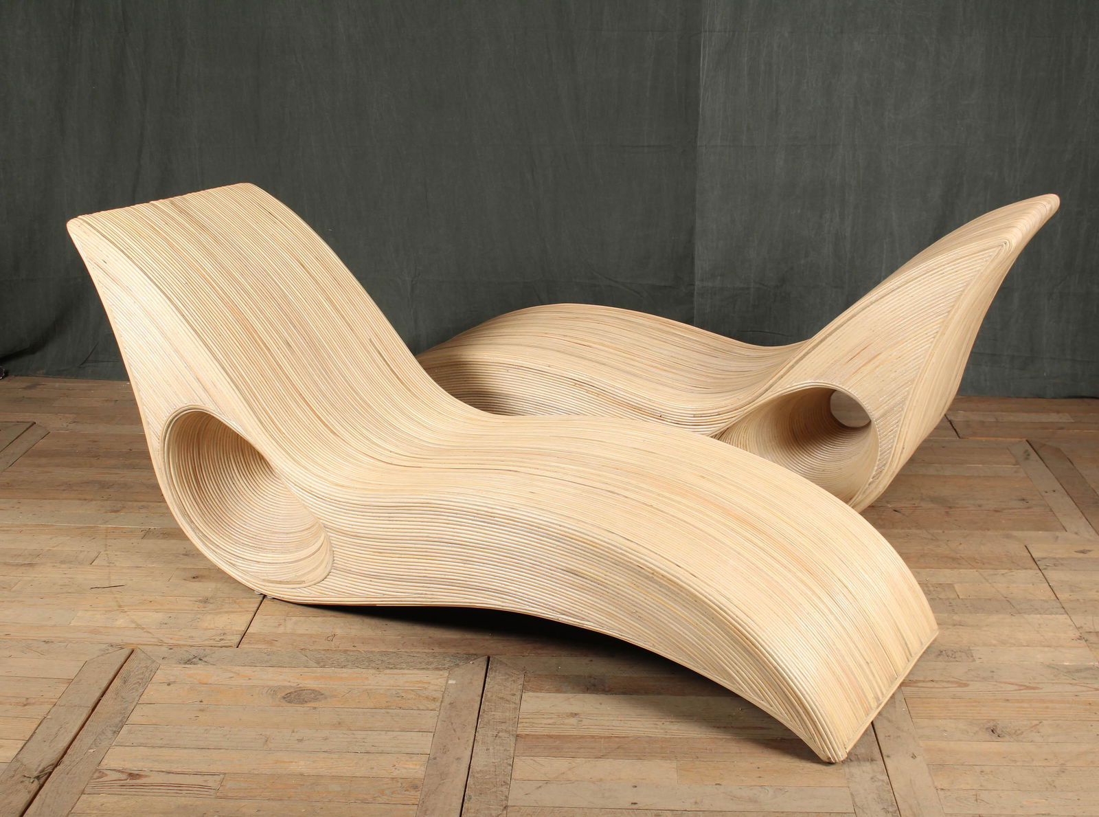 Pair Pencil Reed Chaises Longue: Pair Pencil Reed Chaises Longue. Size: 32.5" H x 76" W x 23.5" D