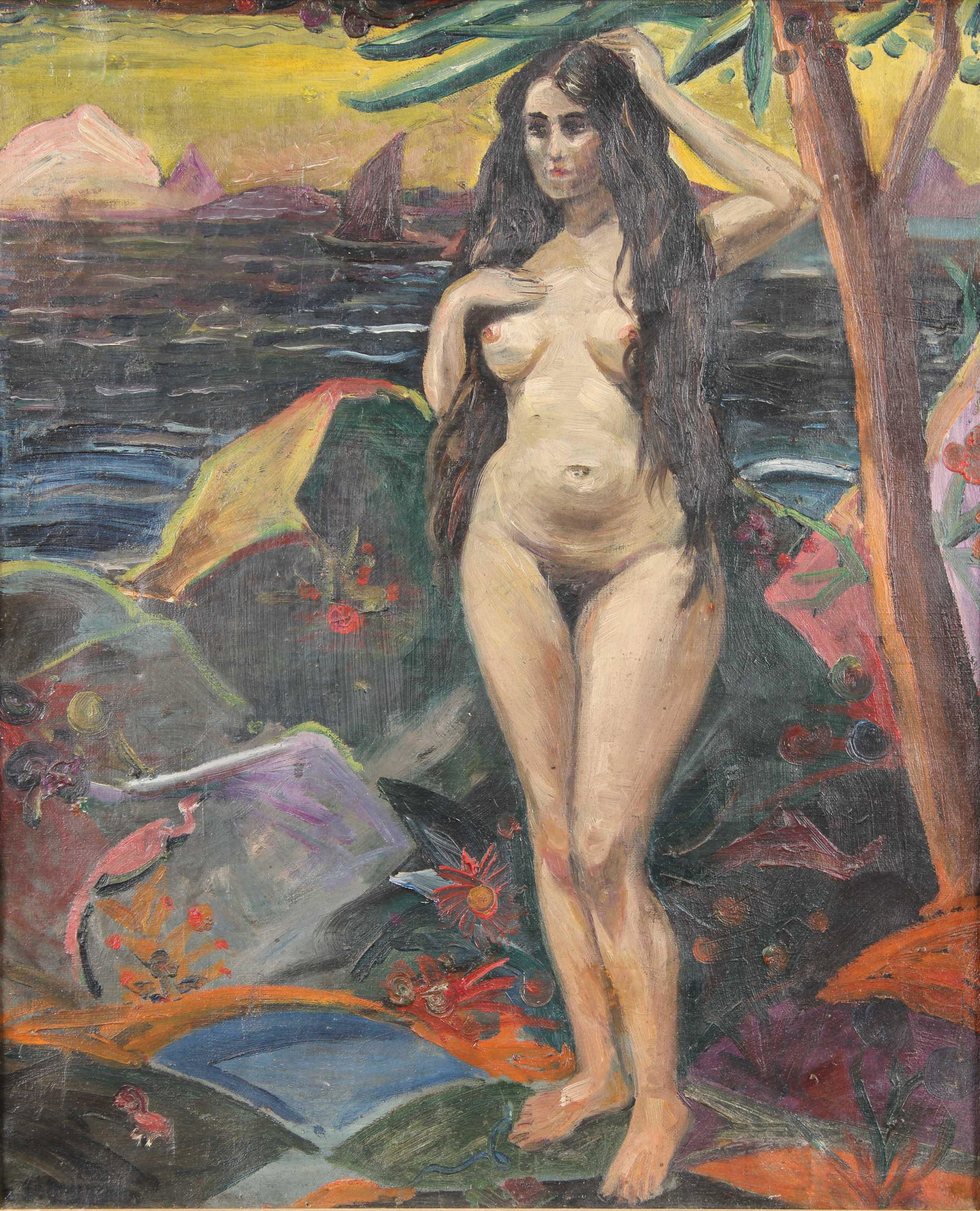 Emmanuel Selonier (French, 20th C.) Nude, 1935: Emmanuel Selonier (French, 20th C.) Nude, 1935. Titled: L'Ile Heureuse. OOC. Bearing exhibition label on reverse. Bearing stamp for Societe Des Artistes Francais Salon 1935. Size: 23>25" H x 19.5" W f