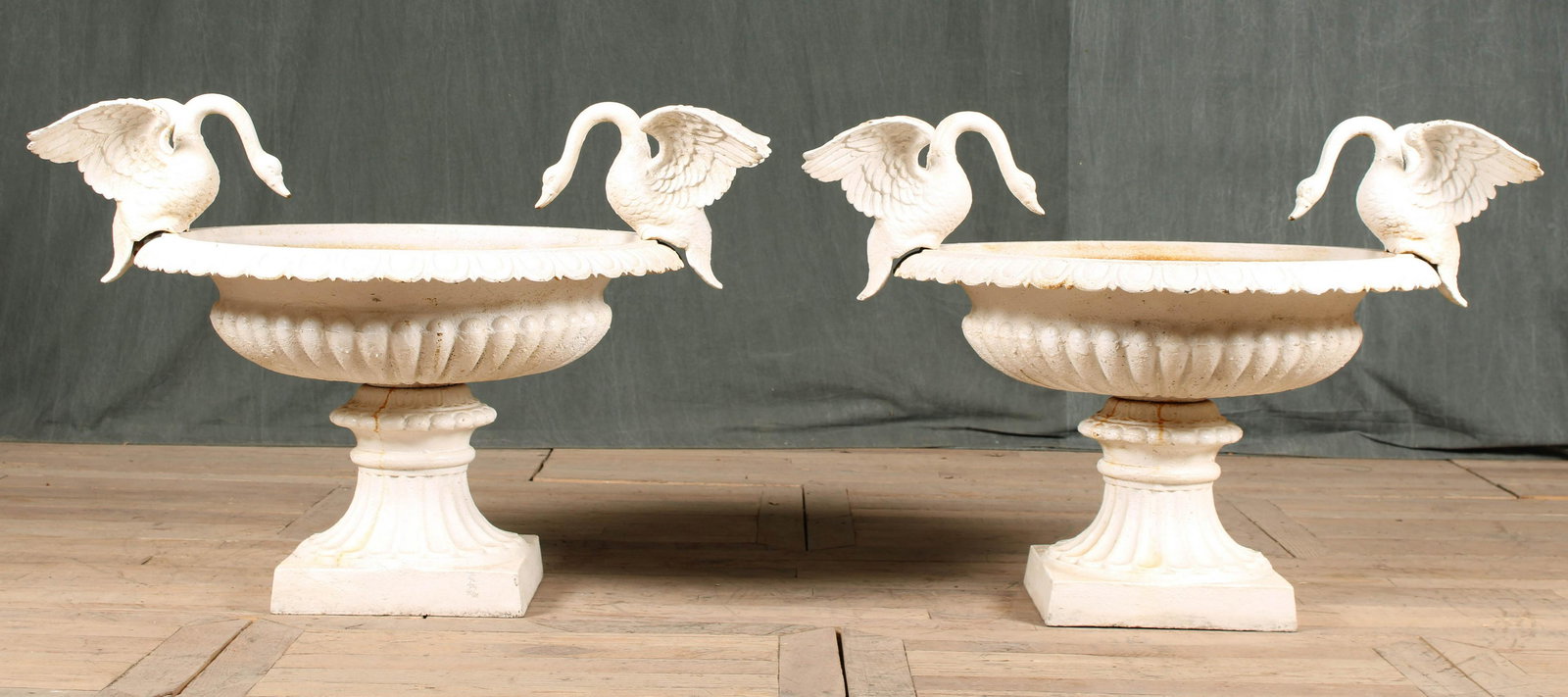 Pair Swan Handled Cast Iron Garden Urns (1 of 11)