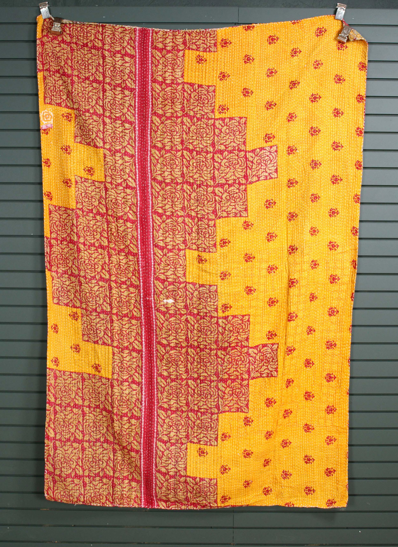 Rajasthani Kantha Quilt, Throw, Blanket Yellow/Red: Rajasthani Kantha Quilt Throw, Blanket, Wrap. Made from washed and recycled vintage sarees. Cotton. Size: 57"W x 85"H