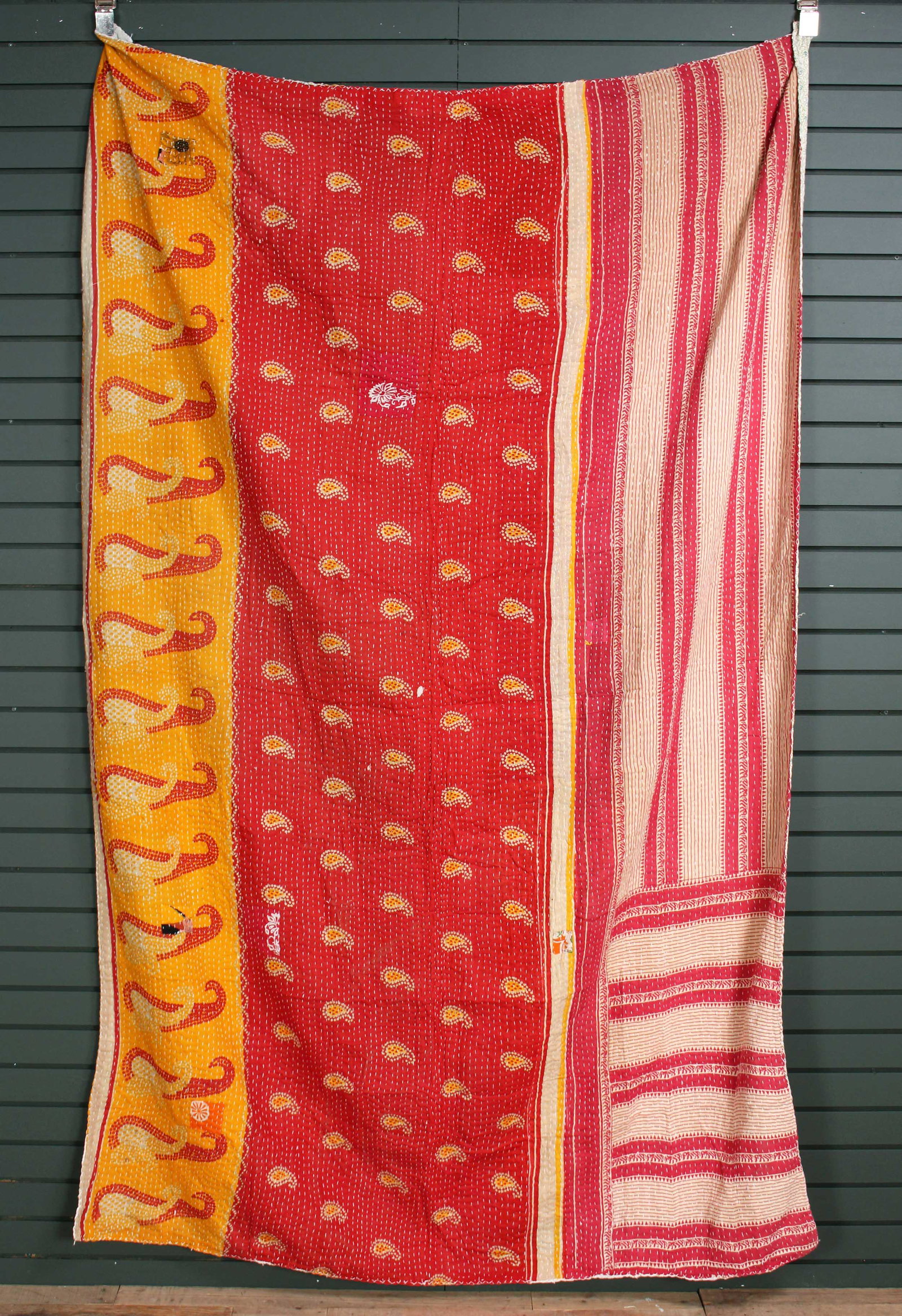 Rajasthani Kantha Quilt, Throw, Blanket Orange/Red: Rajasthani Kantha Quilt Throw, Blanket, Wrap. Made from washed and recycled vintage sarees. Cotton. Size: 59"W x 92"H