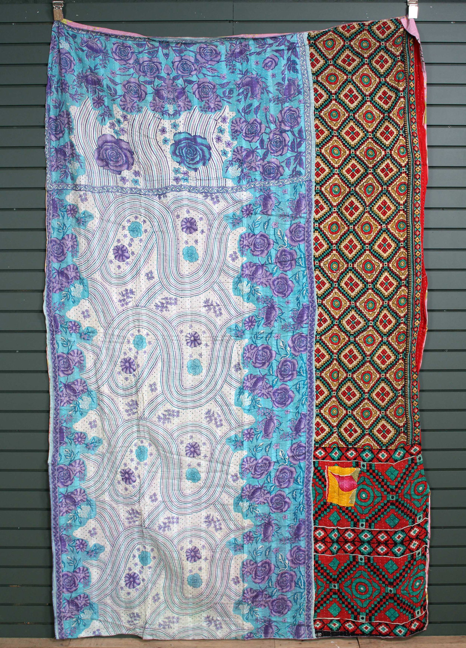 Rajasthani Kantha Quilt, Throw, Blanket Blue/red: Rajasthani Kantha Quilt Throw, Blanket, Wrap. Made from washed and recycled vintage sarees. Cotton. Size" 59"W x 93"H