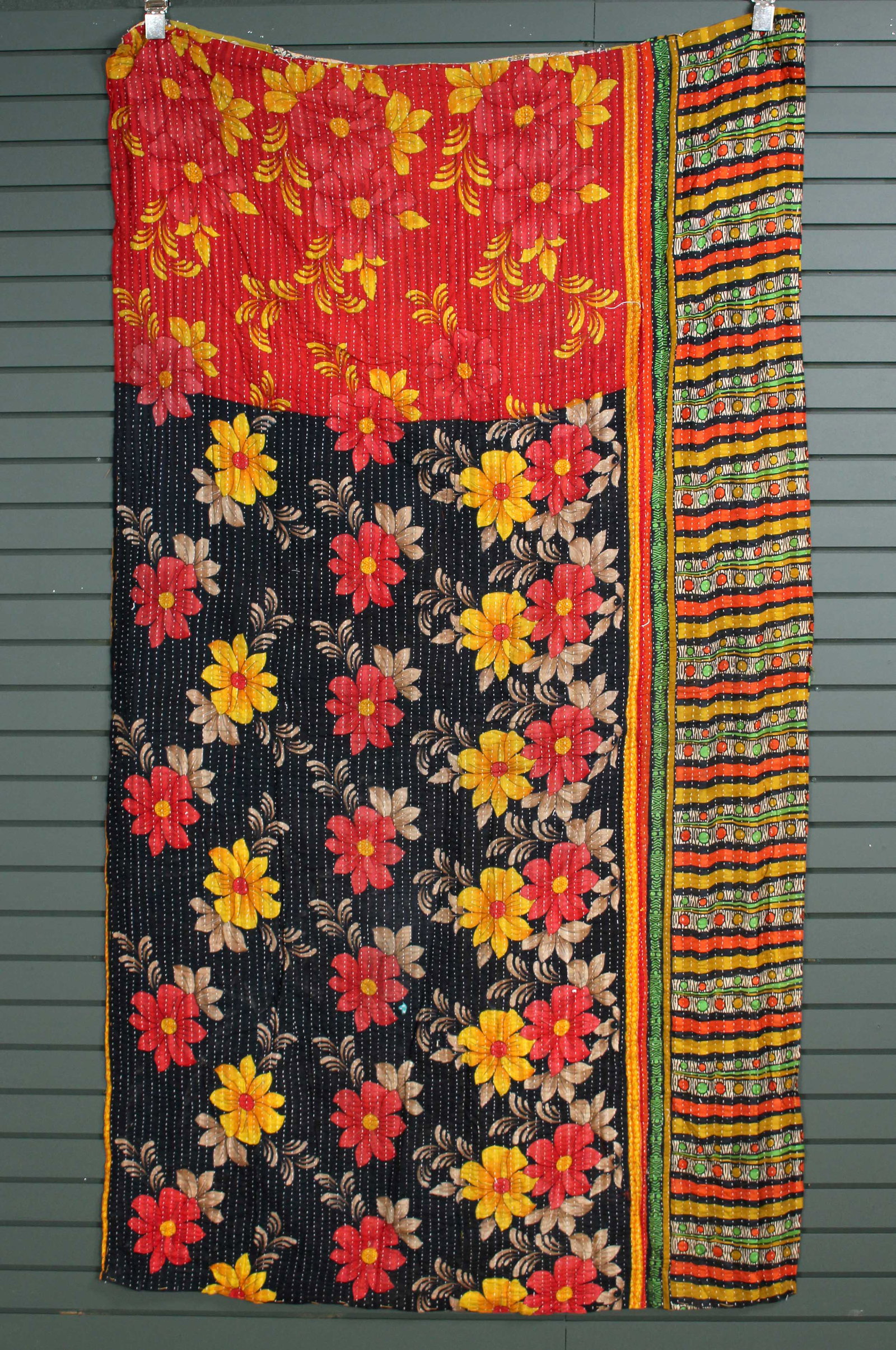 Rajasthani Kantha Quilt, Throw, Blanket Red/Yellow: Rajasthani Kantha Quilt Throw, Blanket, Wrap. Made from washed and recycled vintage sarees. Cotton. Size: 48"W x 86"H