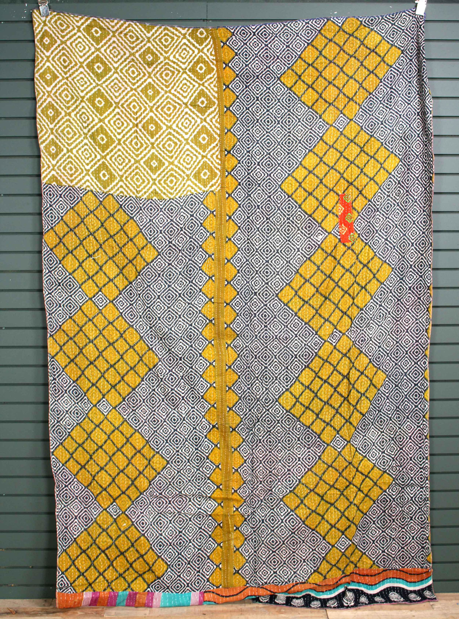 Rajasthani Kantha Quilt, Throw, Blanket Yellow/Whi: Rajasthani Kantha Quilt Throw, Blanket, Wrap. Made from washed and recycled vintage sarees. Cotton. Size: 64"W x 97"H