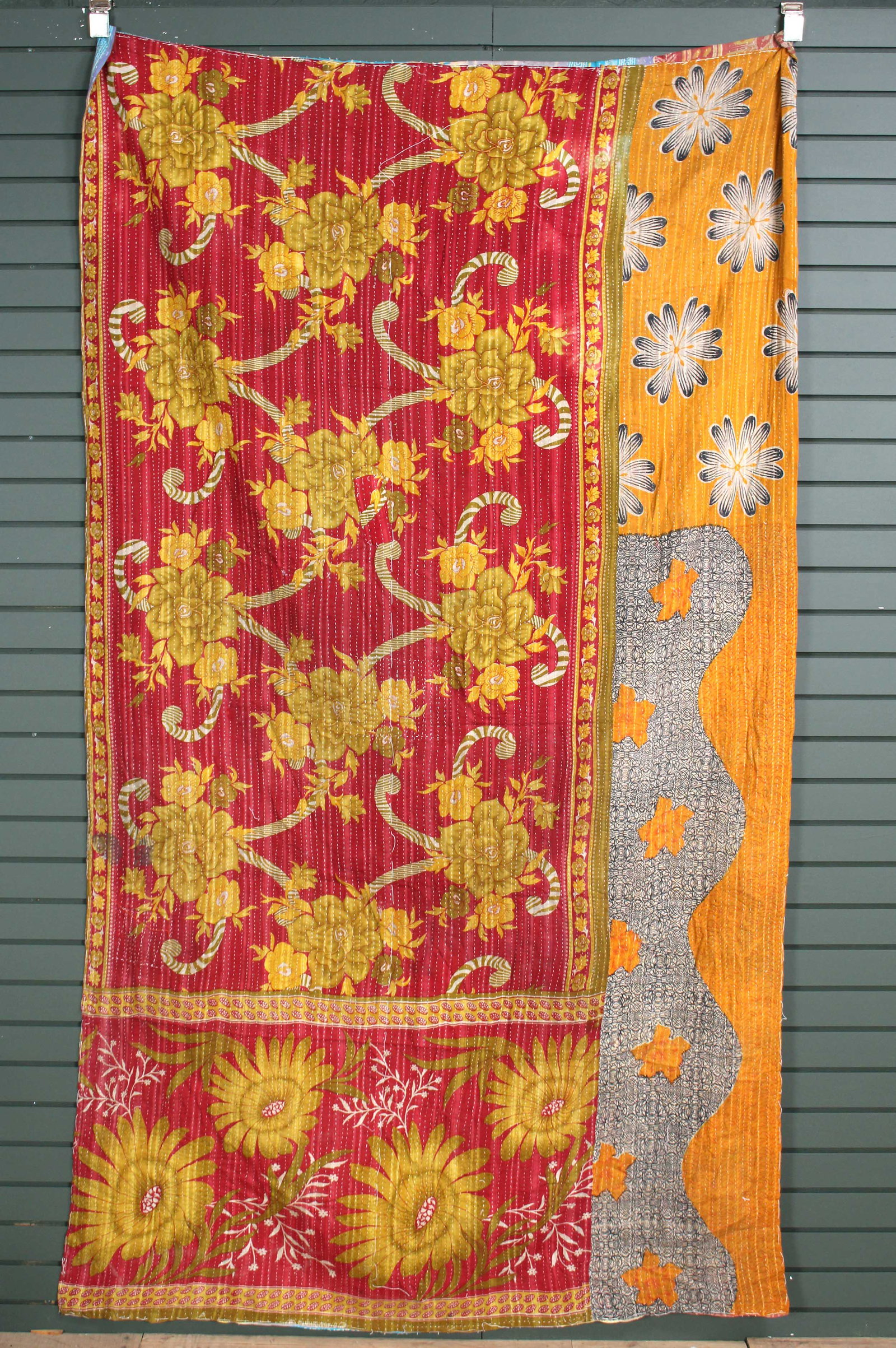 Rajasthani Kantha Quilt, Throw, Blanket Red/Orange: Rajasthani Kantha Quilt Throw, Blanket, Wrap. Made from washed and recycled vintage sarees. Cotton. Size: 52"W x 93"H