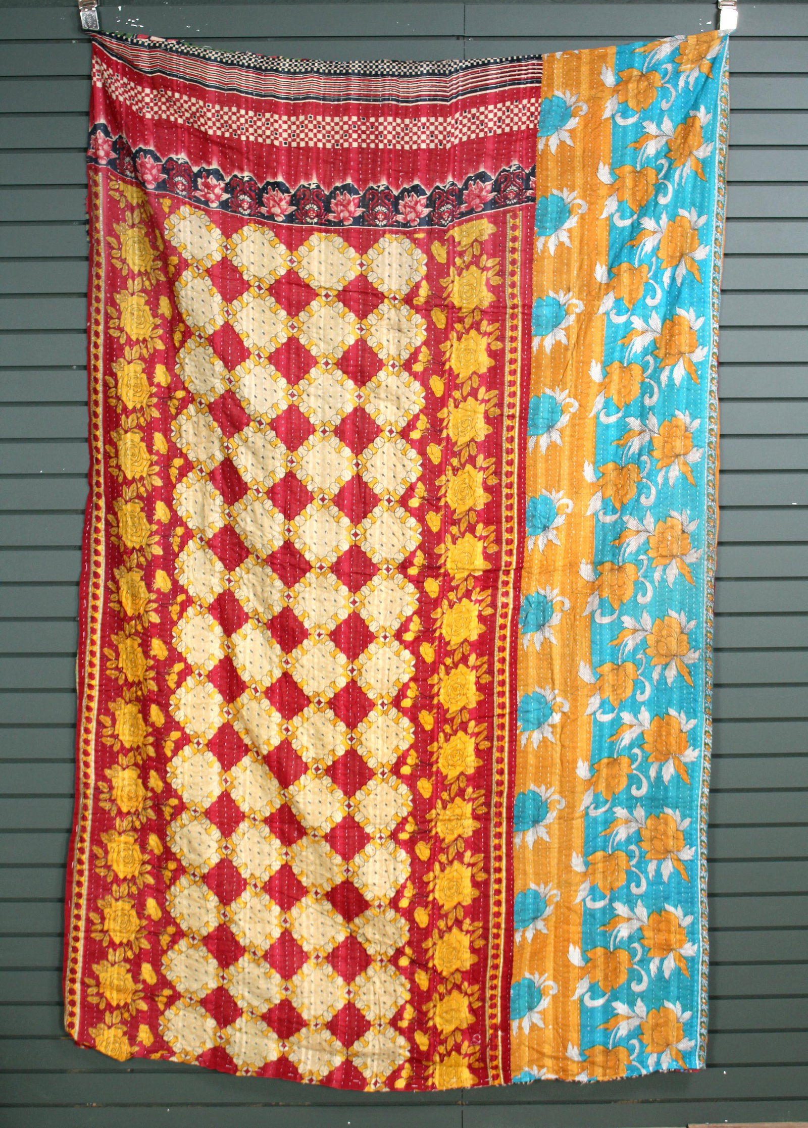 Rajasthani Kantha Quilt, Throw, Blanket Red/blue: Rajasthani Kantha Quilt Throw, Blanket, Wrap. Made from washed and recycled vintage sarees. Cotton. Size: 57"W x 88"H