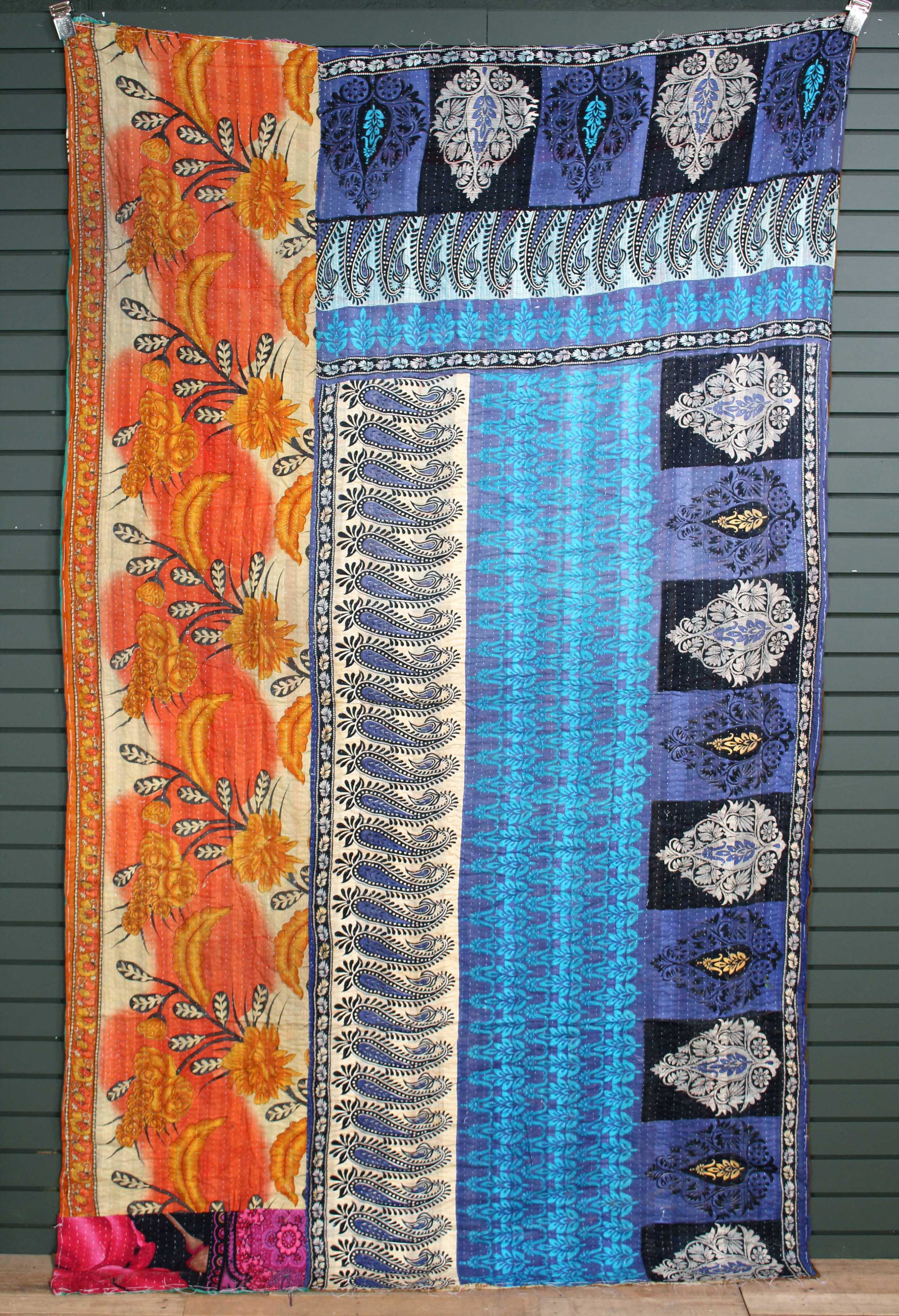 Rajasthani Kantha Quilt, Throw, Blanket Blue/ Oran: Rajasthani Kantha Quilt Throw, Blanket, Wrap. Made from washed and recycled vintage sarees. Cotton. Size: 59"W x 98"H