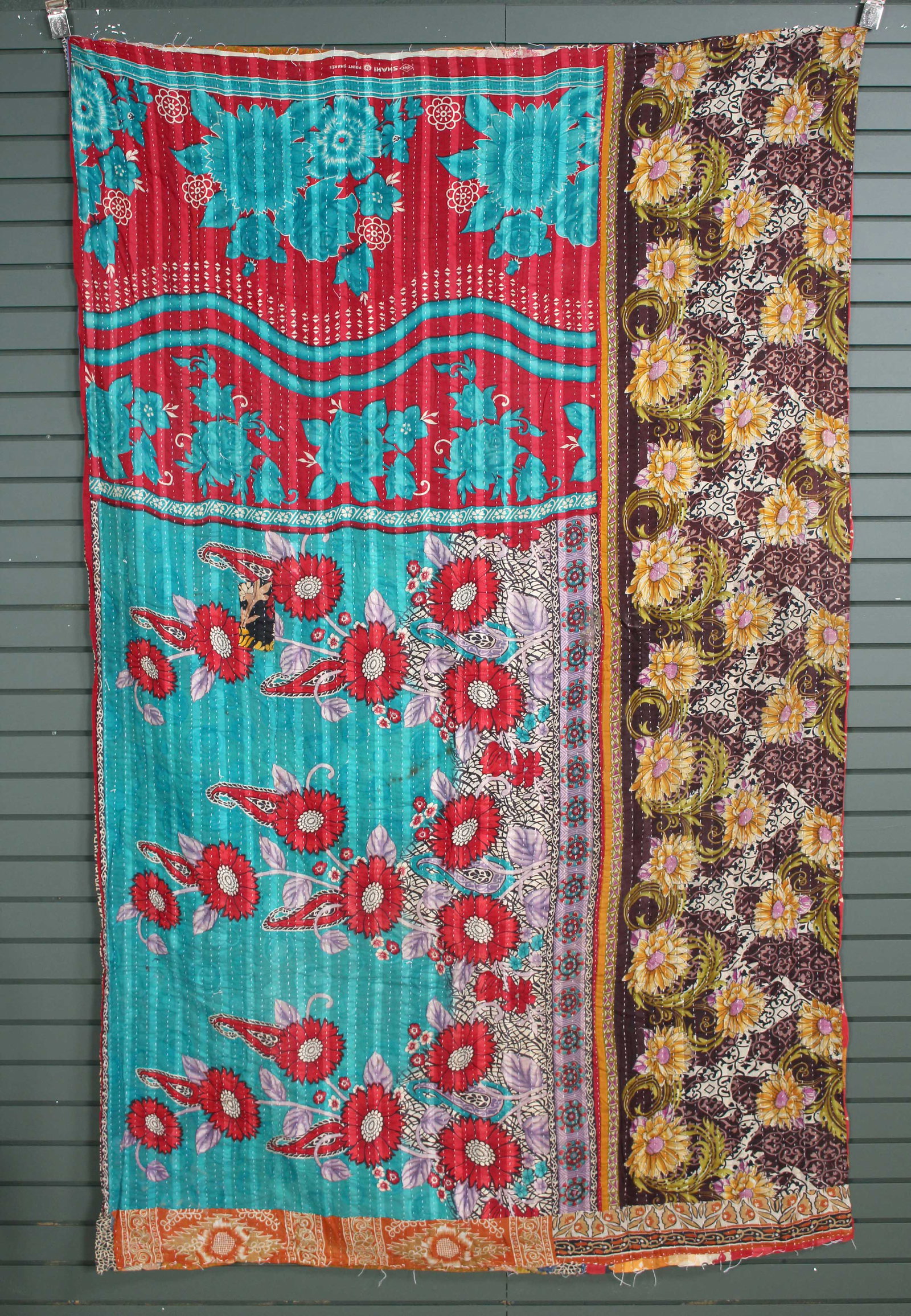 Rajasthani Kantha Quilt, Throw, Blanket Blue/Red: Rajasthani Kantha Quilt Throw, Blanket, Wrap. Made from washed and recycled vintage sarees. Cotton. Size: 55"W x 89"H