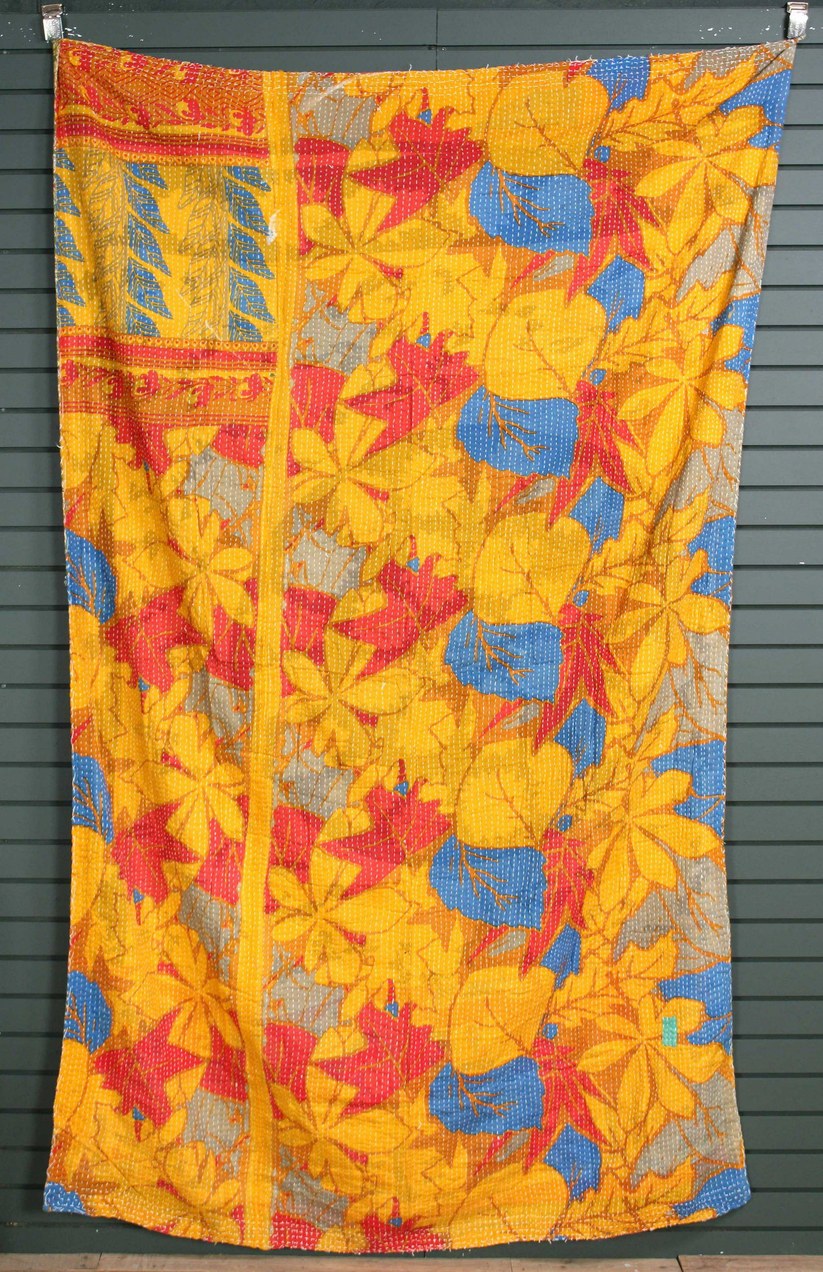 Rajasthani Kantha Quilt, Throw, Blanket Yellow/Blu: Rajasthani Kantha Quilt Throw, Blanket, Wrap. Made from washed and recycled vintage sarees. Cotton. Size: 57"W x 93"H