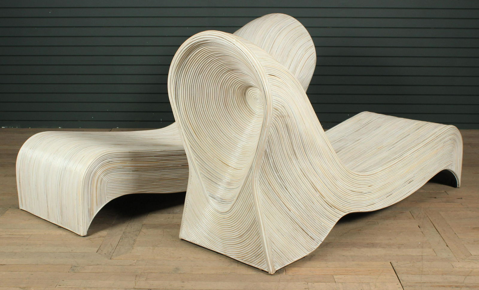 Pair Modernist Style Pencil Reed Chaises: Pair Cobunpue Style Pencil Reed Chaise Lounges. Size: 39"H x 69"W x 25"D