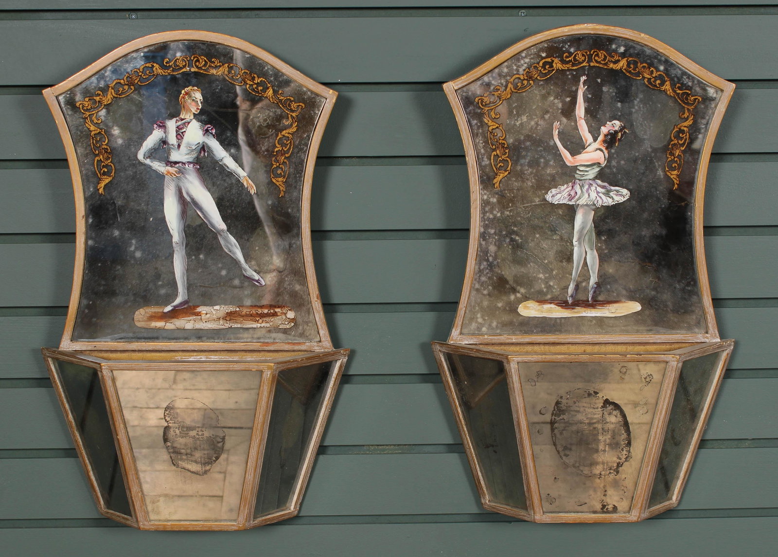 Eglomise Wall Pockets: A pair of vintage Eglomise decorated wall pockets/planters each having decorated with a ballet dancer. Size: 20"H x 12.5"W