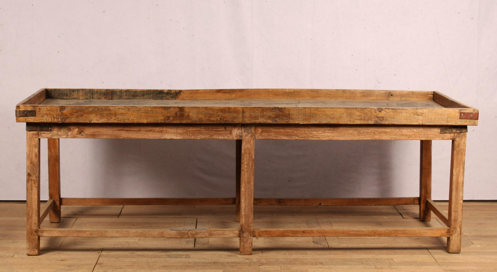 Potting Table: A large and good looking potting table with framed metal top supported on six legs with box stretcher. Size: 32.5"H x 98"W x 37"D