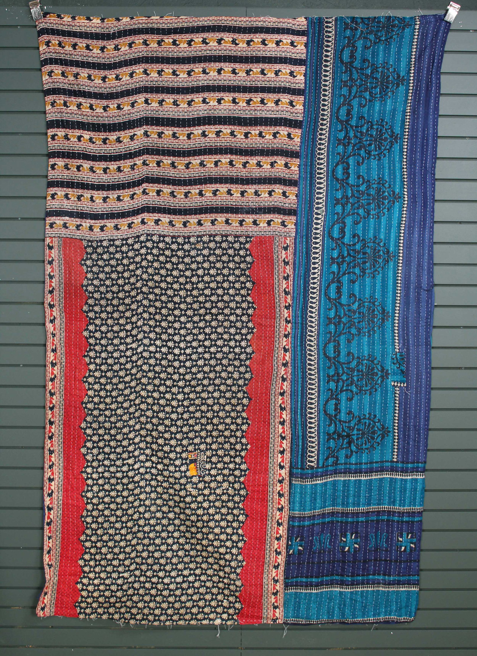 Rajasthani Kantha Quilt, Throw, Blanket Blue/Black: Rajasthani Kantha Quilt Throw, Blanket, Wrap. Made from washed and recycled vintage sarees. Cotton. Size: 56"W x 89"H