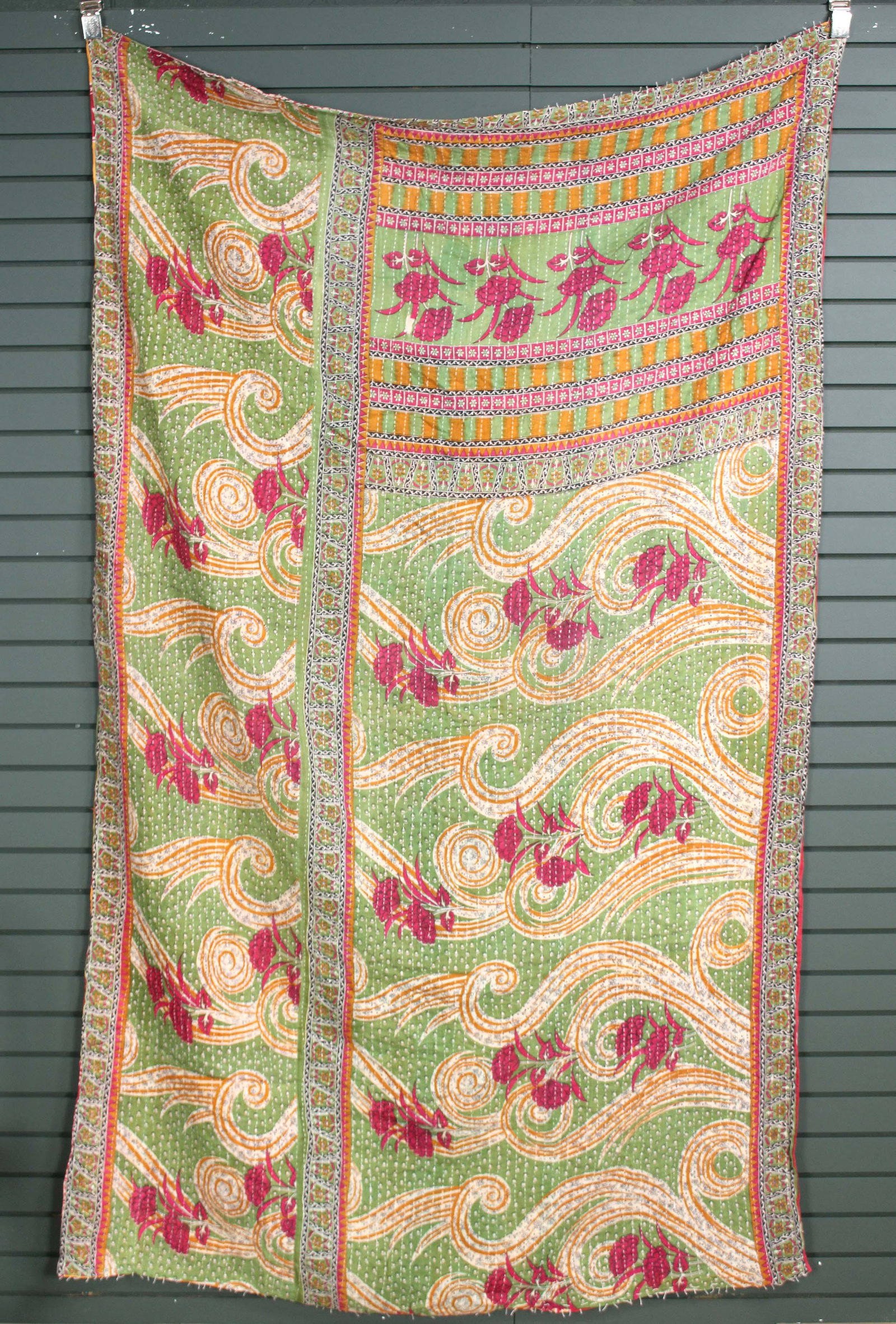 Rajasthani Kantha Quilt, Throw, Blanket Light Gree: Rajasthani Kantha Quilt Throw, Blanket, Wrap. Made from washed and recycled vintage sarees. Cotton. Size: 56"W x 91"H