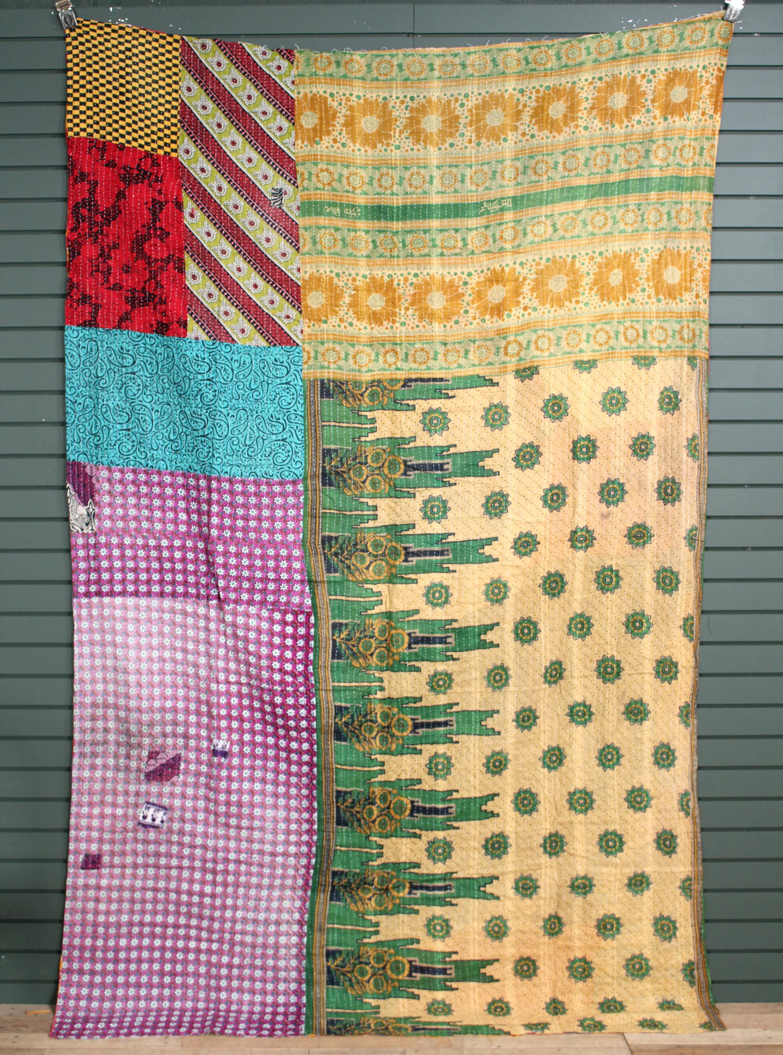 Rajasthani Kantha Quilt, Throw, Blanket Purple/Yel: Rajasthani Kantha Quilt Throw, Blanket, Wrap. Made from washed and recycled vintage sarees. Cotton. Size: 62"W x 101"H