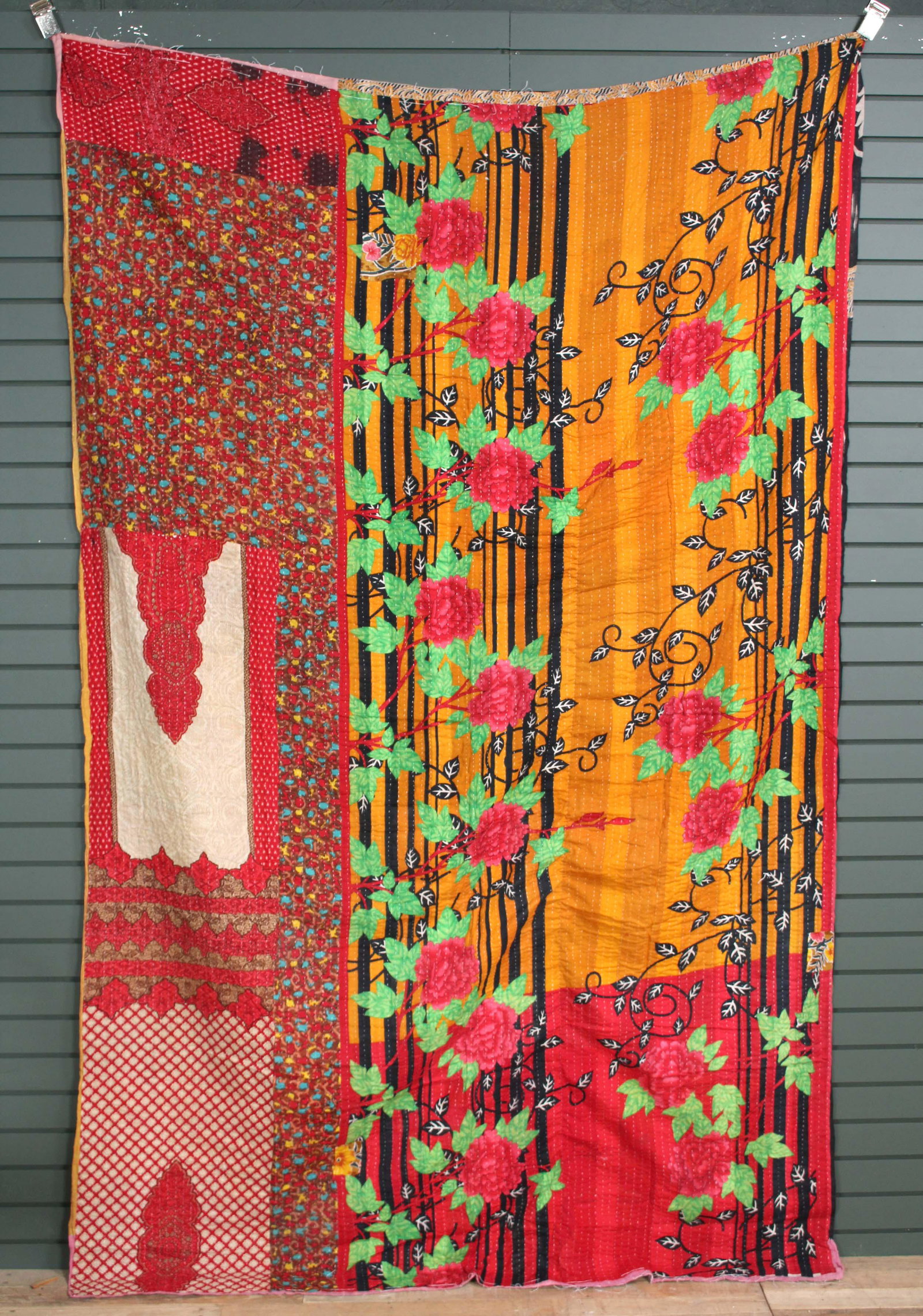 Rajasthani Kantha Quilt, Throw, Blanket Red/Orange: Rajasthani Kantha Quilt Throw, Blanket, Wrap. Made from washed and recycled vintage sarees. Cotton. Size: 61"W x 98"H