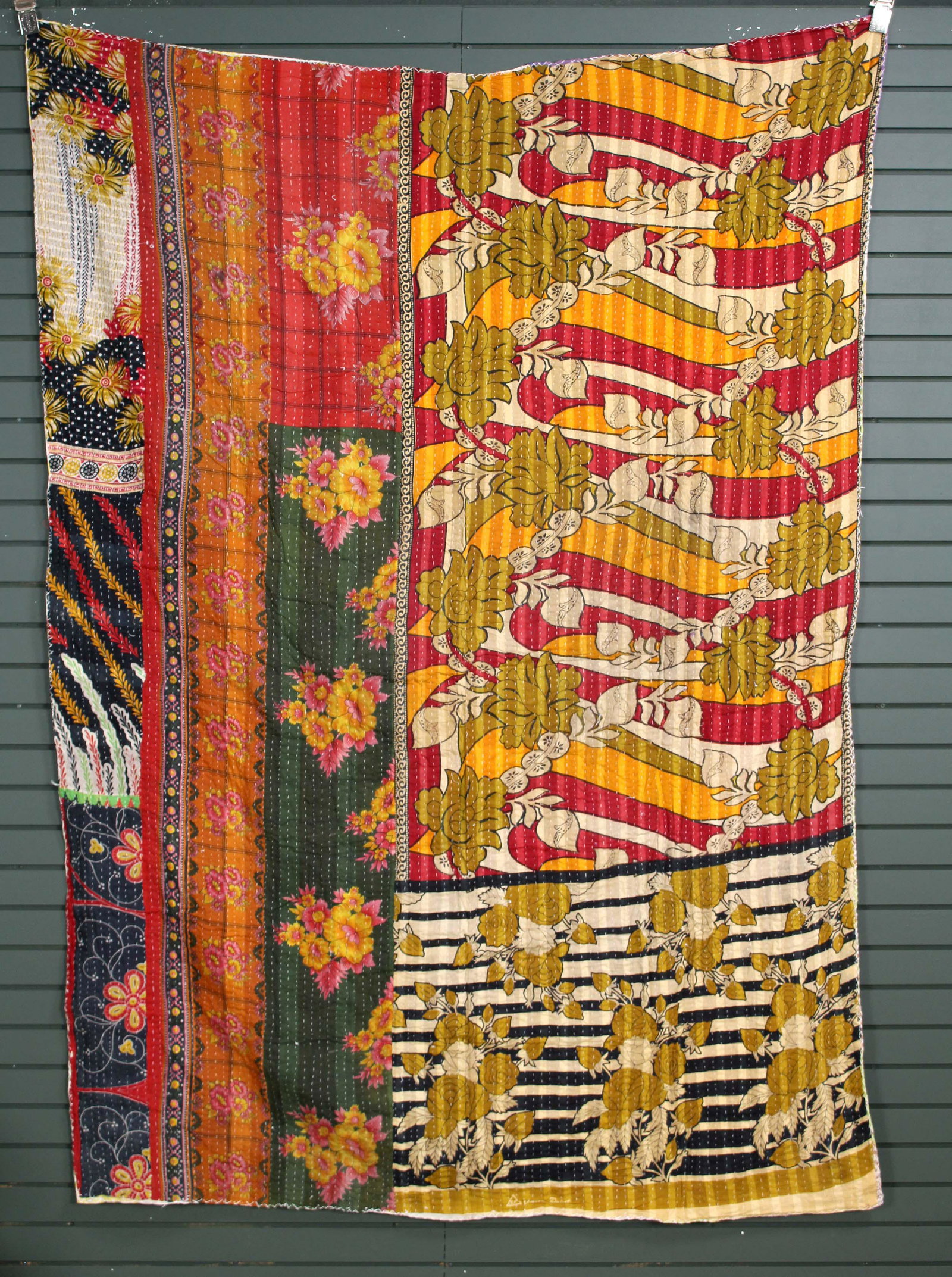 Rajasthani Kantha Quilt, Throw, Blanket Green/Red: Rajasthani Kantha Quilt Throw, Blanket, Wrap. Made from washed and recycled vintage sarees. Cotton. Size: 60"W x 88"H