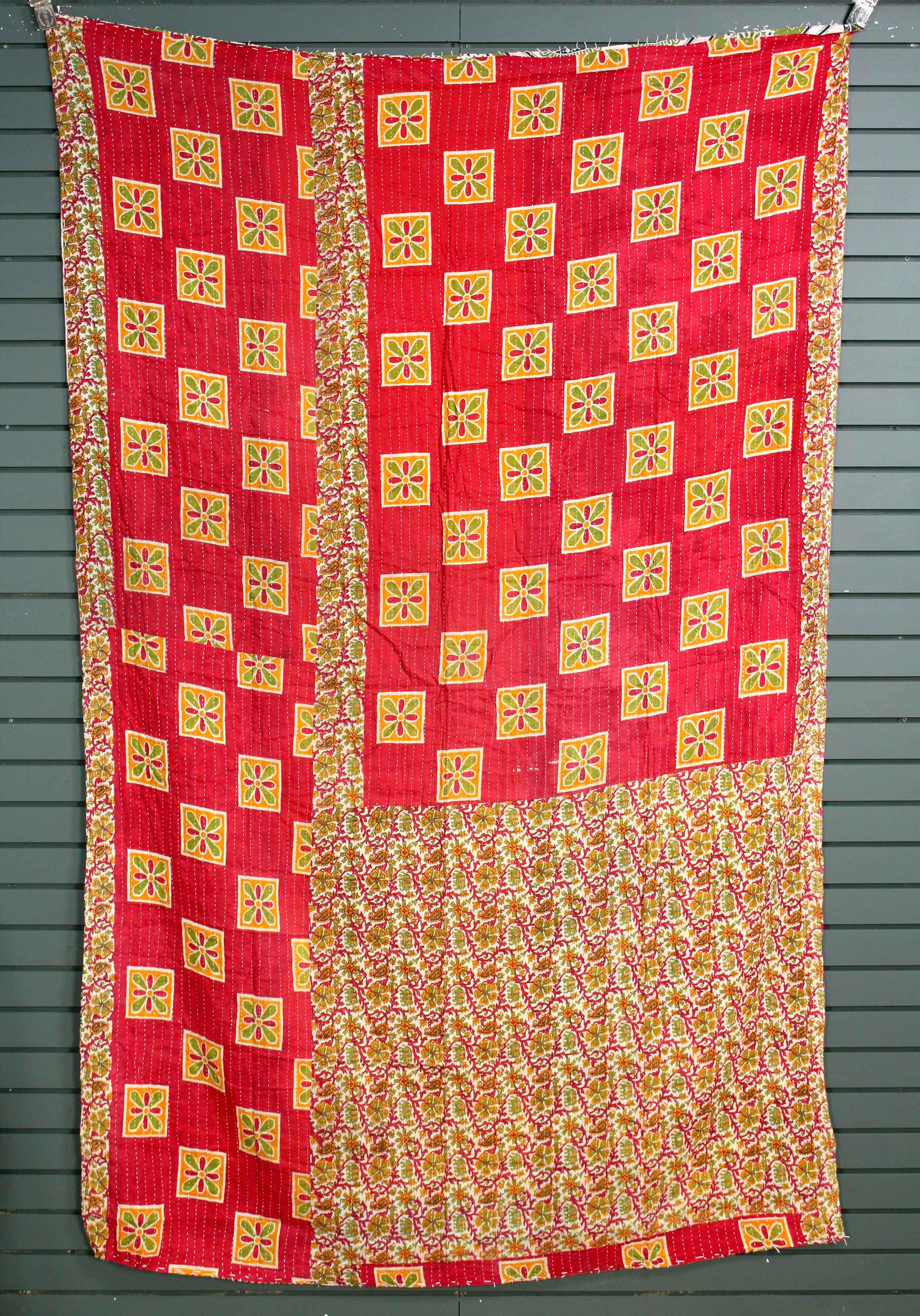 Rajasthani Kantha Quilt, Throw, Blanket Red: Rajasthani Kantha Quilt Throw, Blanket, Wrap. Made from washed and recycled vintage sarees. Cotton. Size: 55"W x 90"H