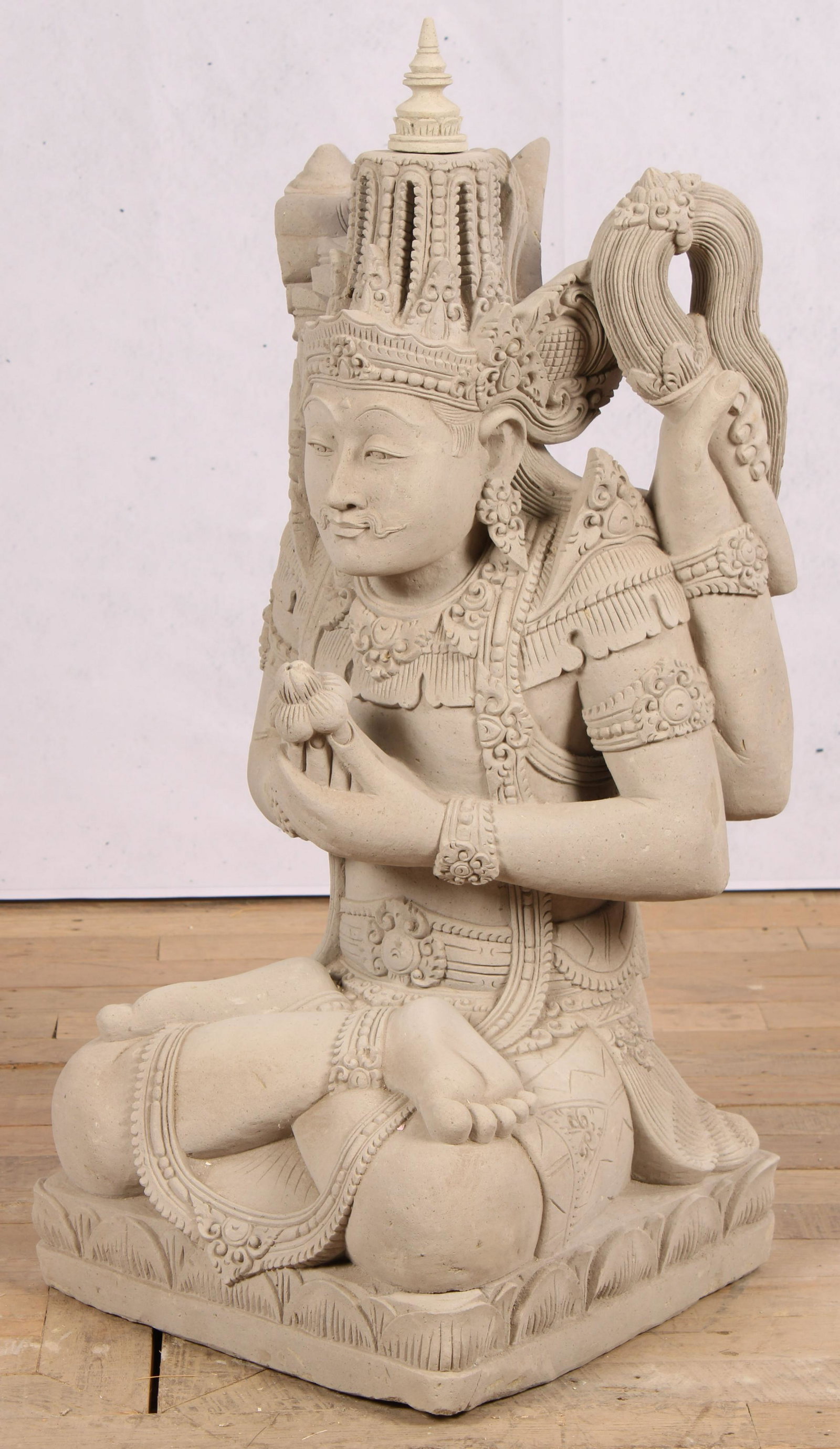 Carved Tuff Stone Vishnu: A good carved stone seated Vishnu figure with elegant decoration. Size: 36"H x 16"W x 16"D