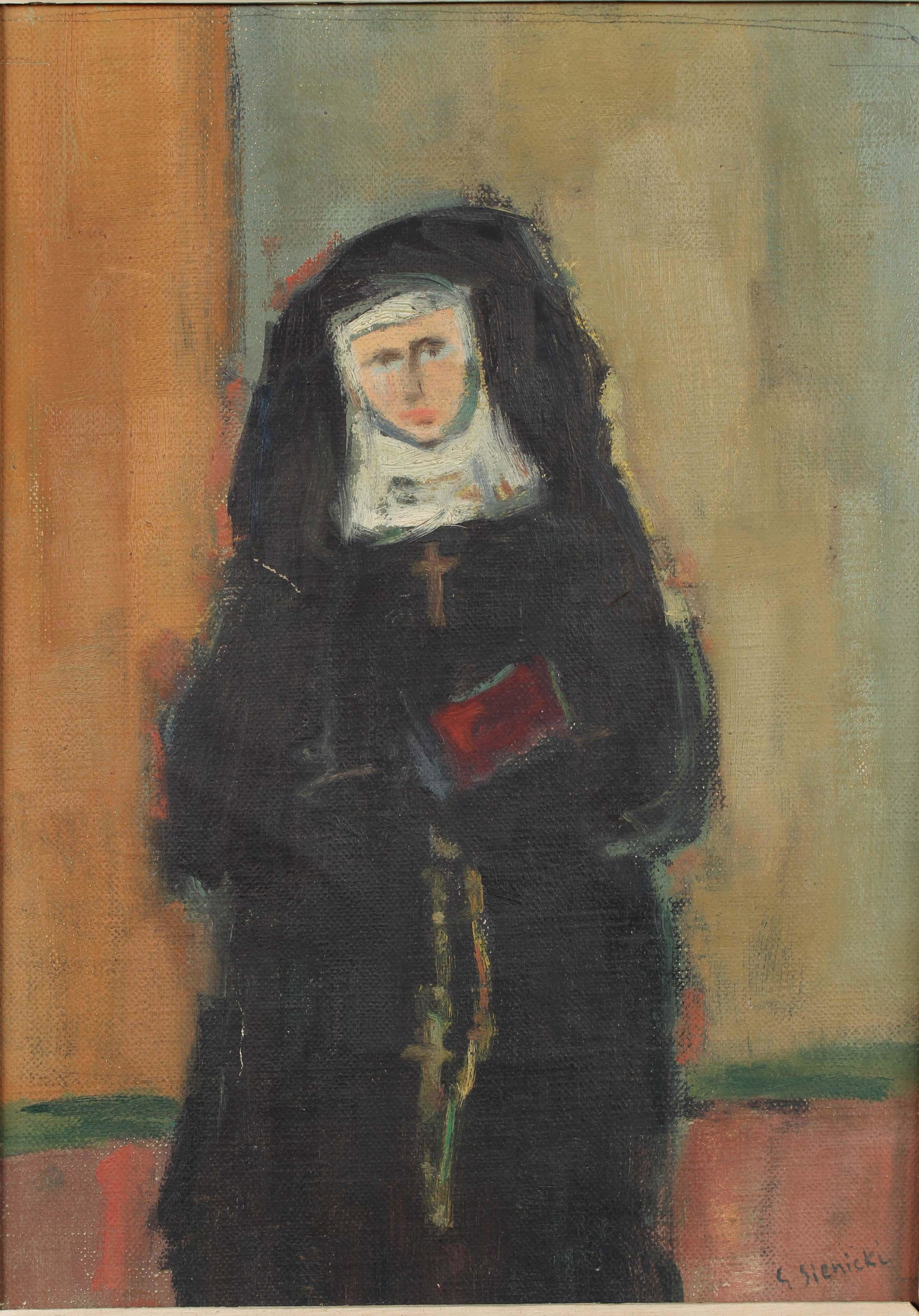 Portrait Painting of a Nun Signed Sienicki: Portrait Painting of a Nun Signed Sienicki. Size: 20" x 16.5" frame, 12.5" x 9" sight.