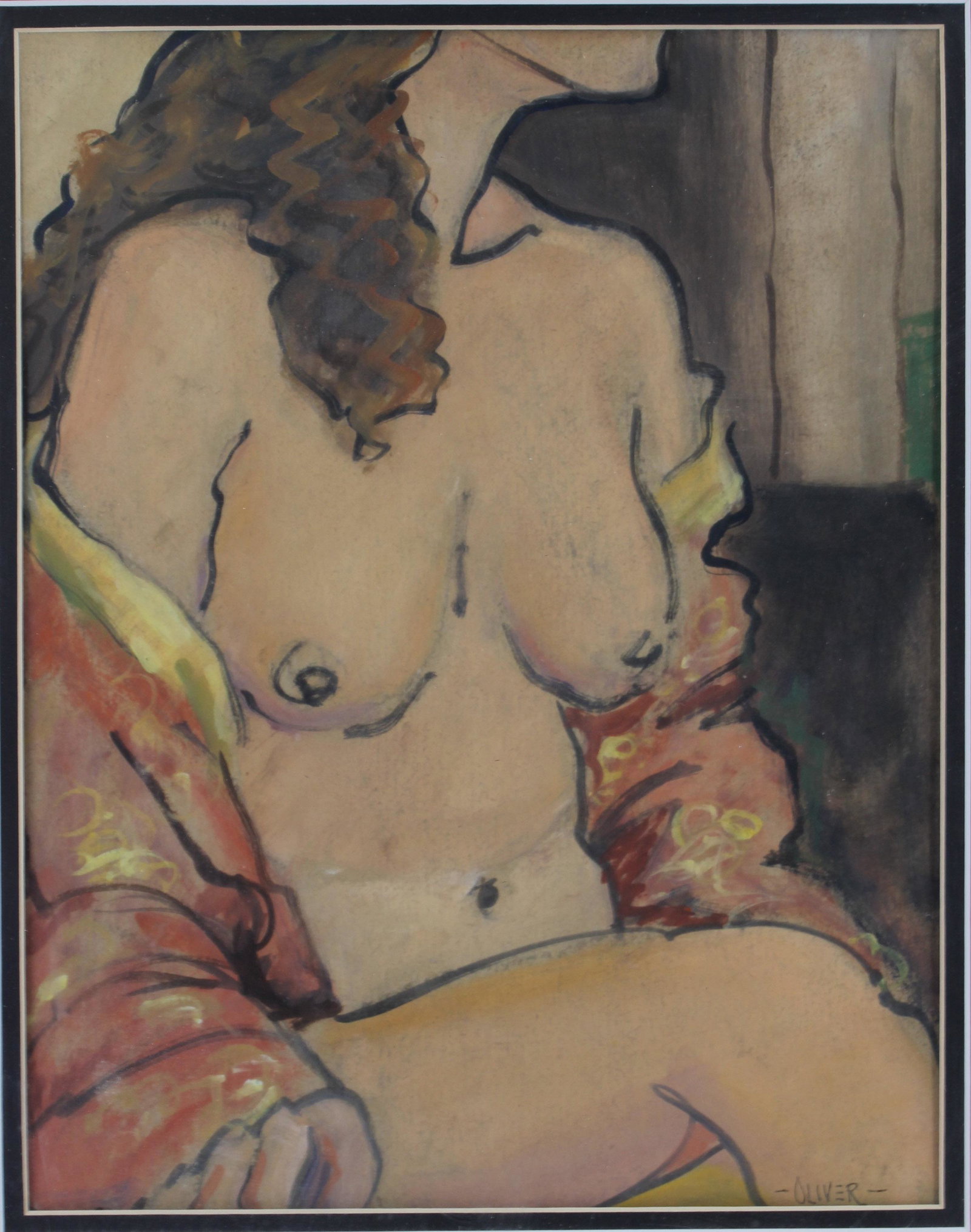 Mixed Media Figural Nude Signed Oliver: Mixed Media Figural Nude Signed Oliver. Size: frame 23.5"T x 21"L; image 12.5"T x 9.5"W