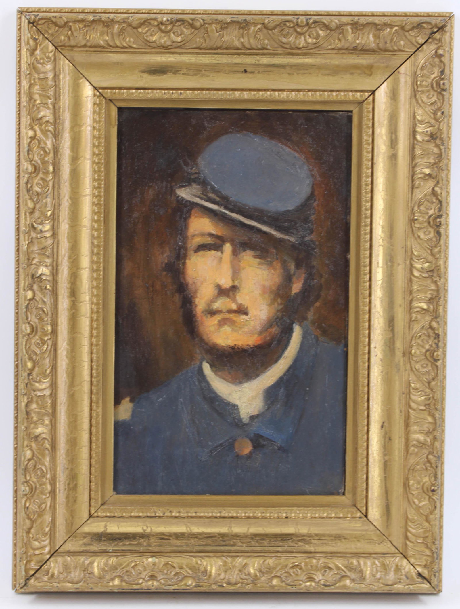 Civil War Soldier Portrait Painting: Civil War Soldier Portrait Painting. Age and origin unknown. Size: 19.5"H x 14.5"W x 2.5"D Sight 13"H x 8"W