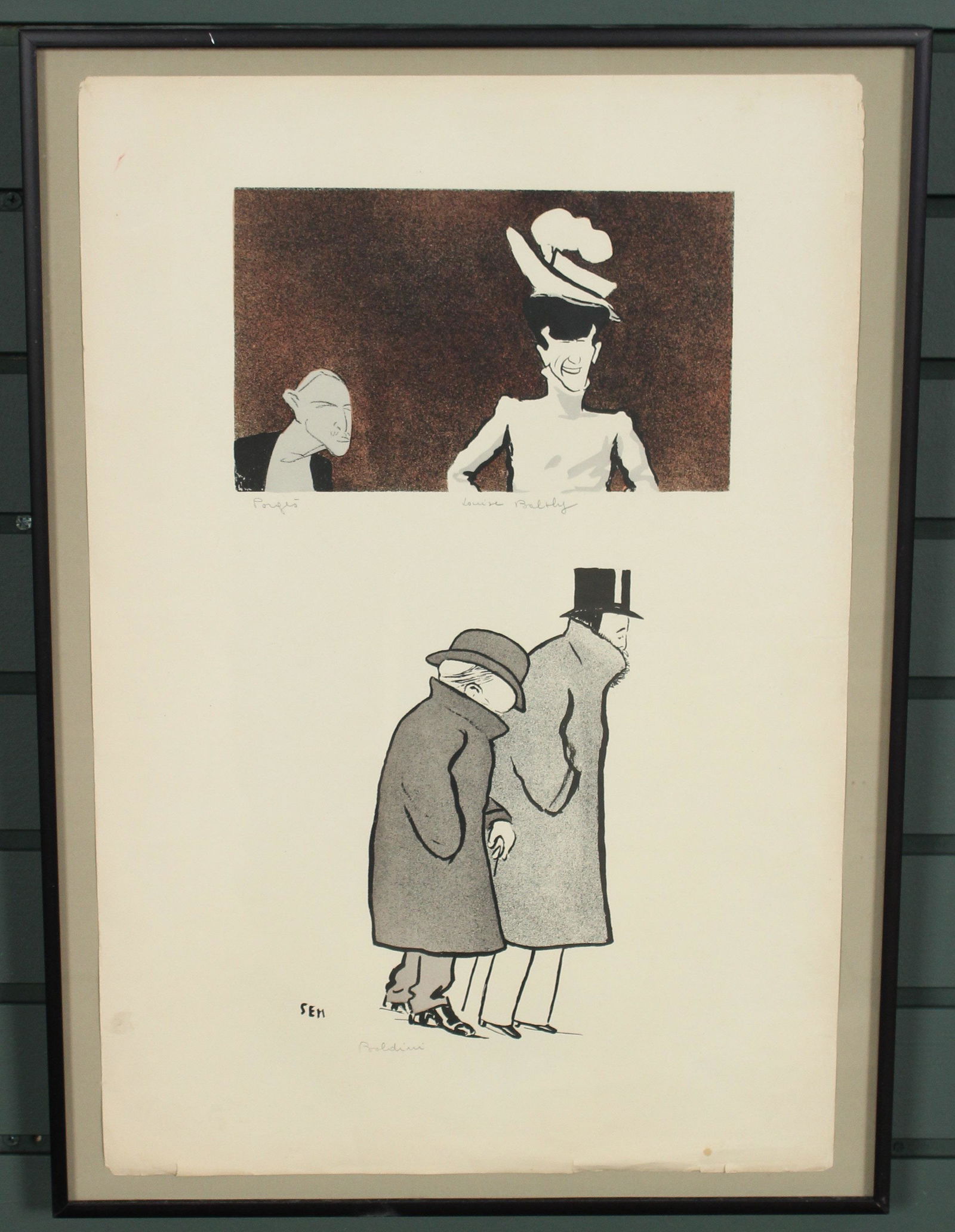 Georges Goursat AKA SEM: Georges Goursat AKA SEM Inscribed in pencil to label subjects as Giovanni Boldini and others. Size: 22" x 15.75" frame, 20.5" x 13.5" sight.