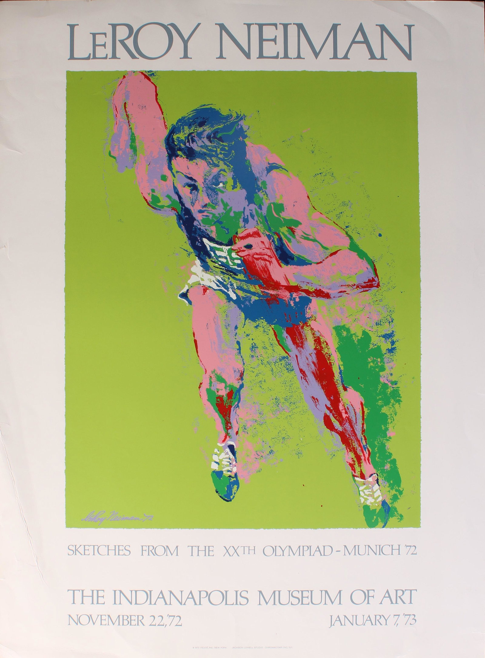 Vintage LeRoy Nieman Olympics Poster: LeRoy Neiman Sketches from the XXth Olympiad-Munich 72. The Indianapolis Museum of Art November 22, 72- January 7, 73 Size: 38"H X 28"W
