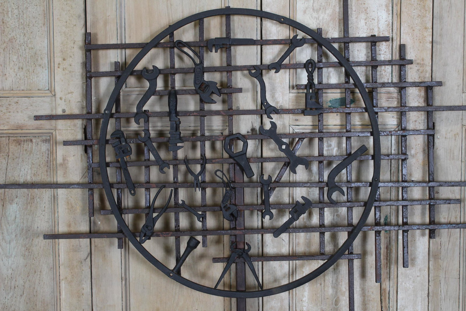 Studio Made Mechanic Trade Sign: Studio Made Mechanic Trade Sign. Welded assemblage of tools. Size: 70" H x 59" W x 3.5" D