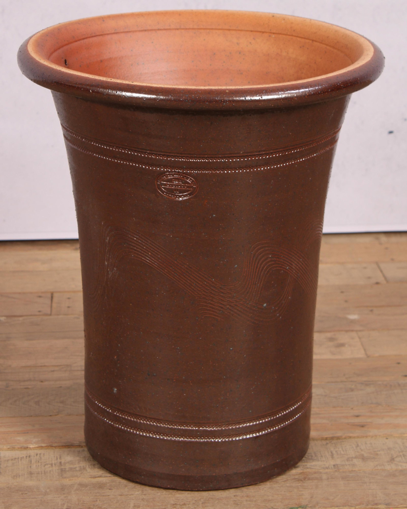 English Glazed Terracotta Garden Vessel: A stylish glazed terra cotta garden vessel or planter. Size: 16"H x 13"Dia.
