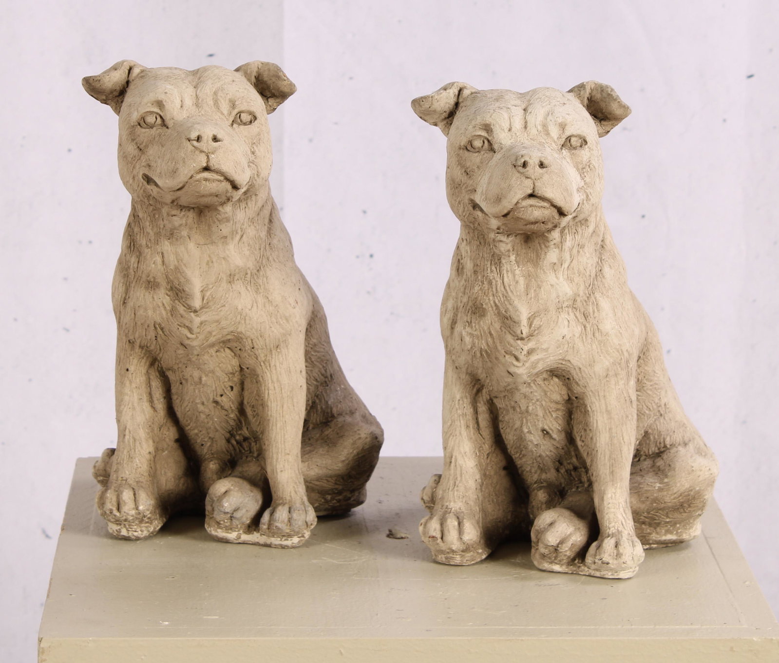 Pair Cast Stone Bull Terrier Garden Ornaments: Pair Cast Stone Bull Terrier Garden Ornaments. Measured: H 12" x W 7.5" x D 7.5"