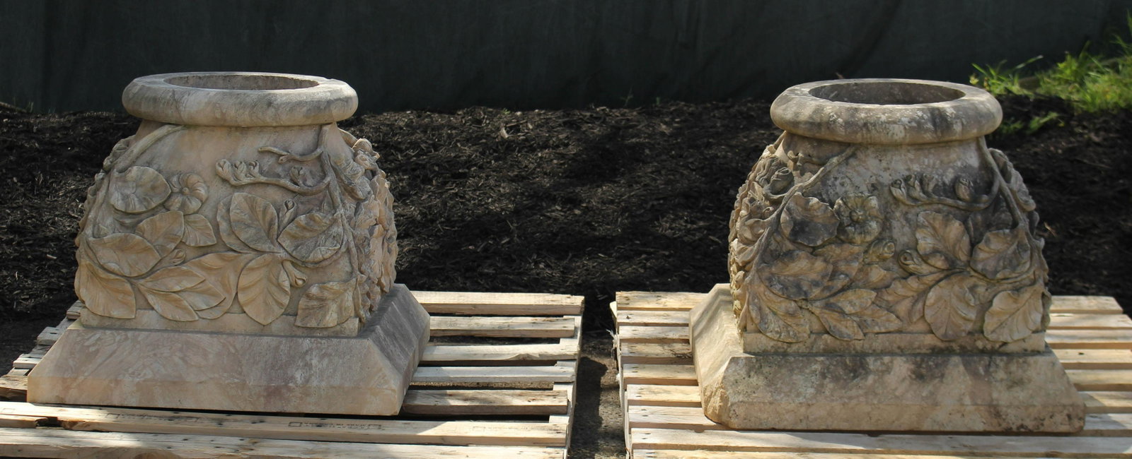Garden Feature- Pair Carved Marble Capitals: Pair of carved marble capitals. Size: 21" H x 24.5" square.