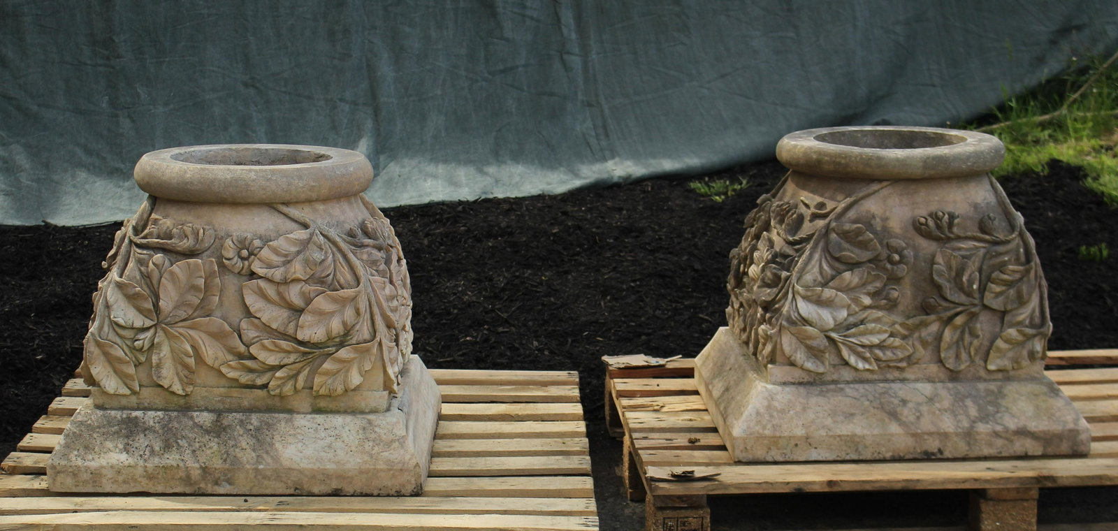 Garden Feature- Pair Carved Marble Capitals: Pair of Carved Marble Capitals. Size: 21" H x 24.5" square.