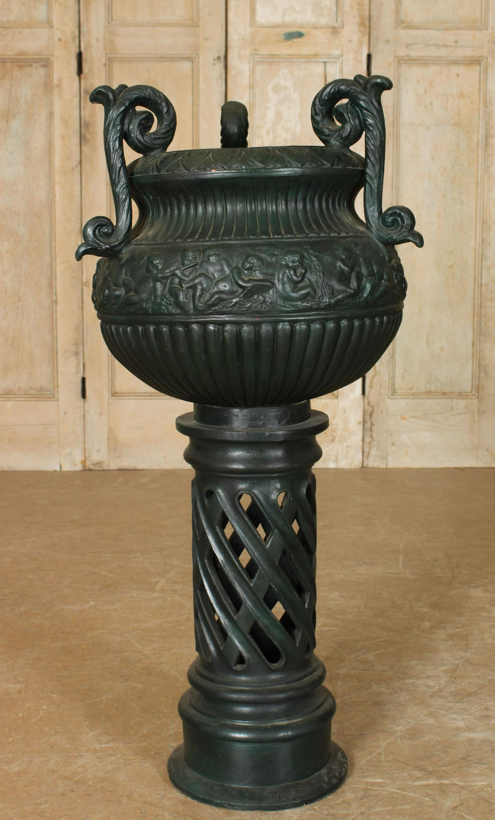 French Neoclassical Motif Terracotta Jardiniere: French Neoclassical Motif Terracotta Jardiniere. Stamped PL Brusson(?) Size: 43.25" H x 20" W x 19.5" D