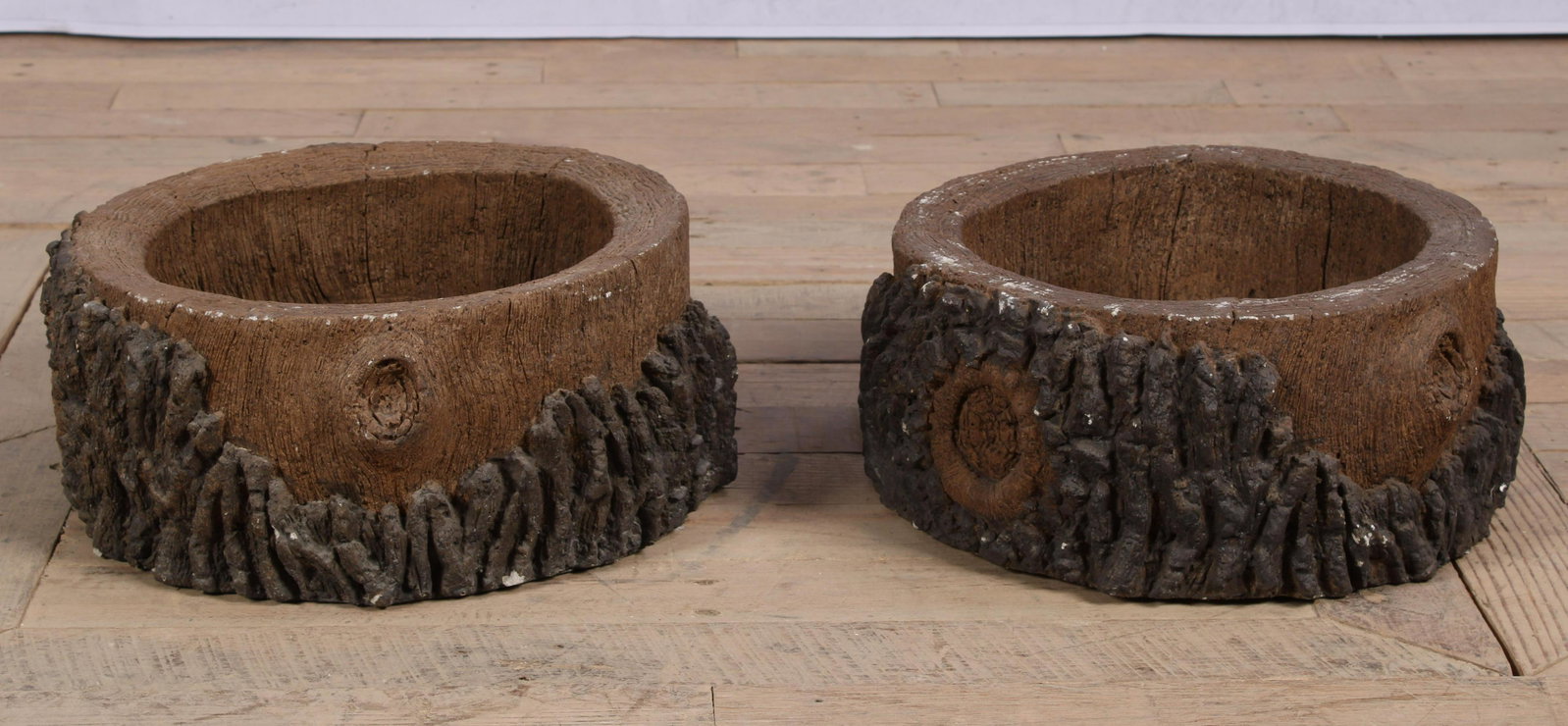 Pair Cast Stone Faux Bois Planters: A pair of cast stone faux Bois planters. Size: 6"H x 12.5"Dia.