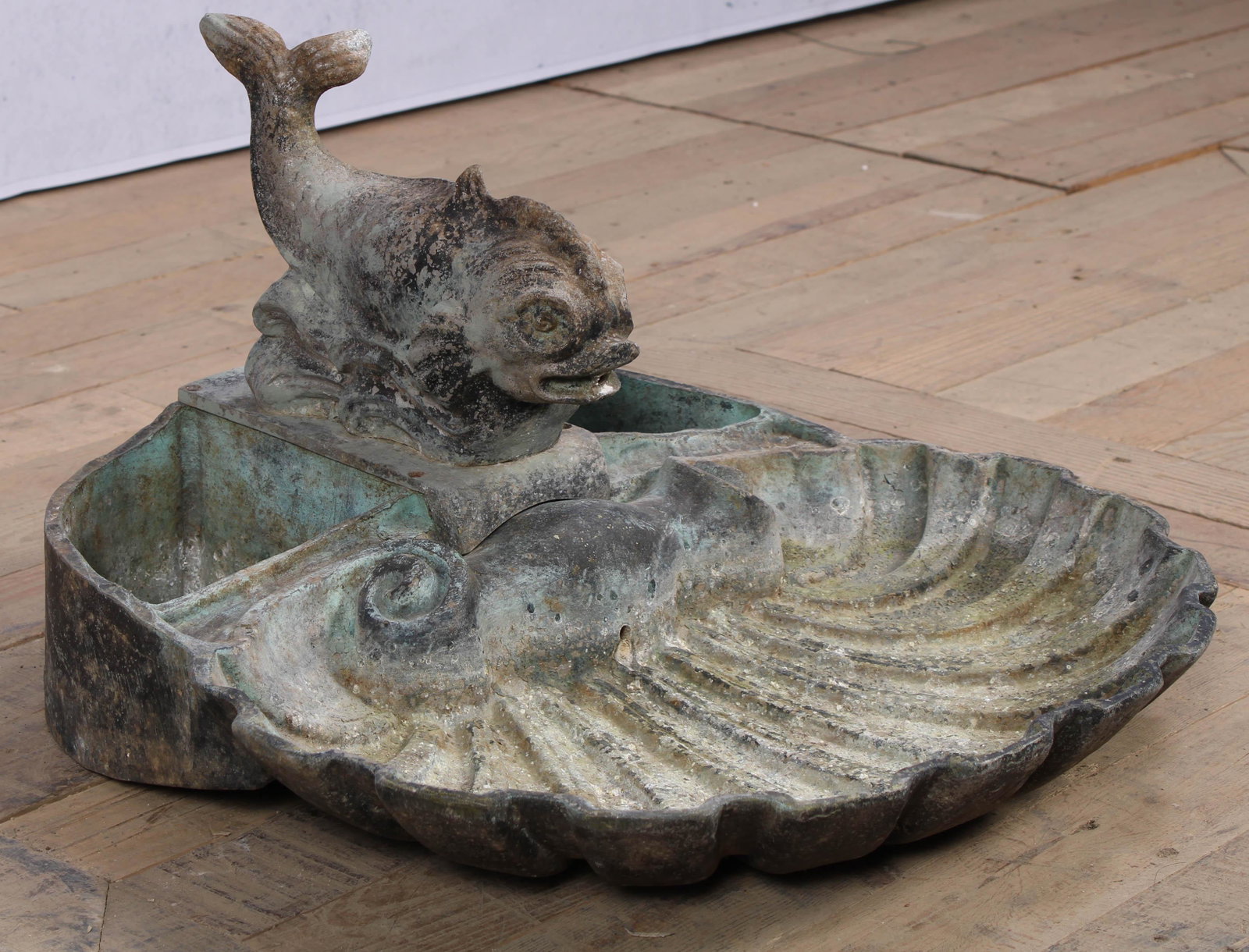 Mythical Dolphin and Clamshell Fountain, Zinc: Zinc Dolphin and Clamshell Fountain. Approx: H 12" x W 20" x D 19"