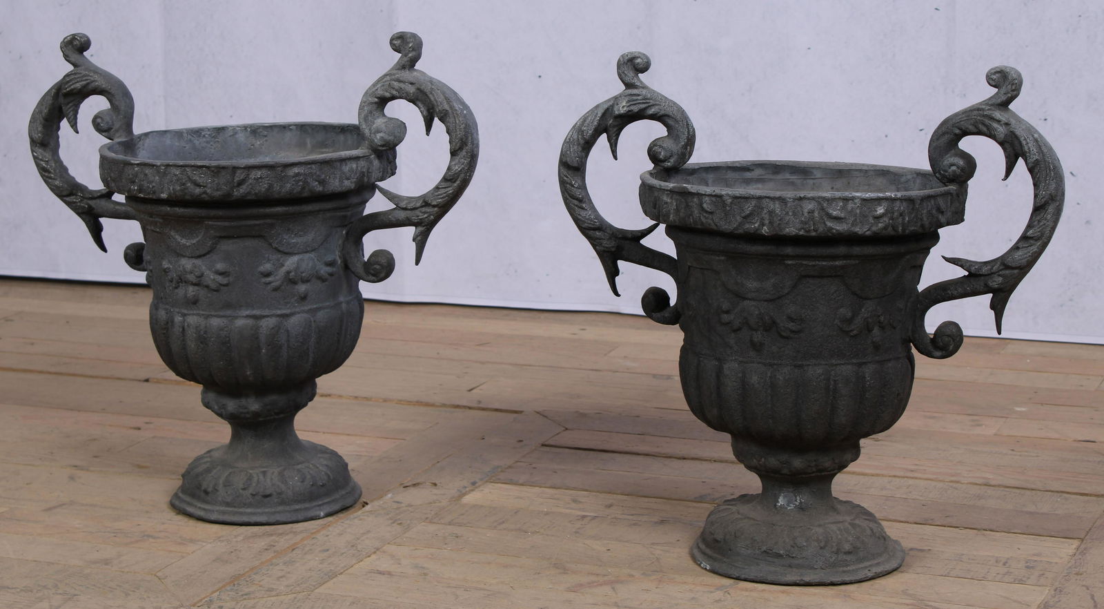 Pair Twin Handled Lead Garden Urns (1 of 7)