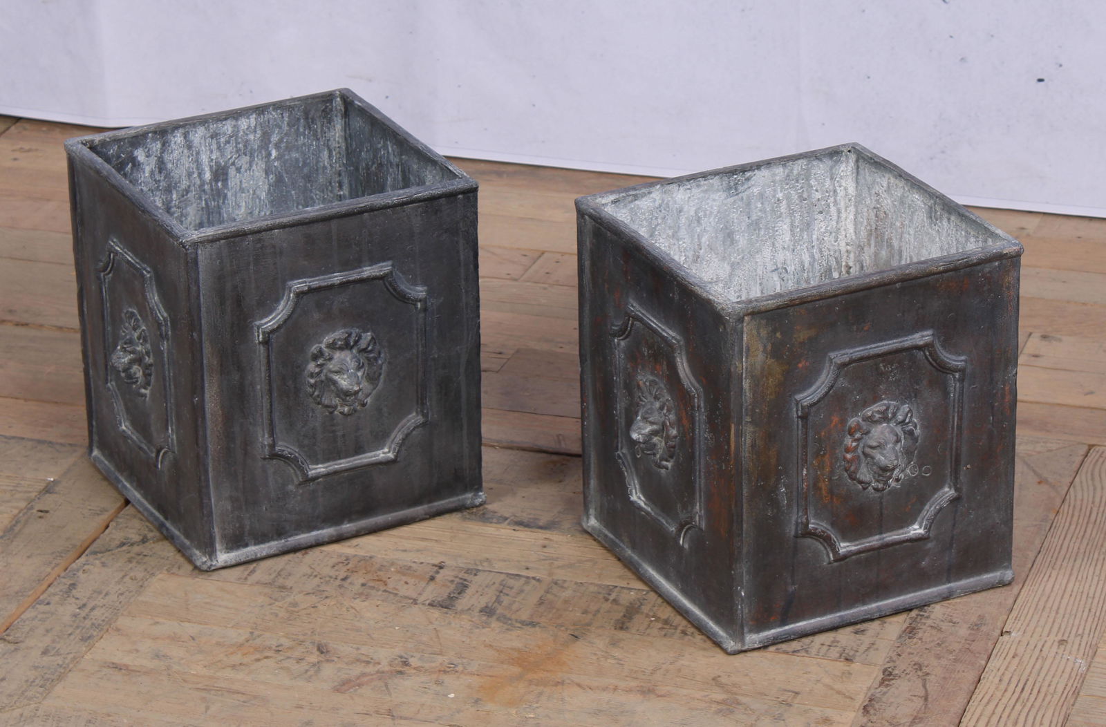 Pair of Small Square Lion Mask Planters (1 of 5)