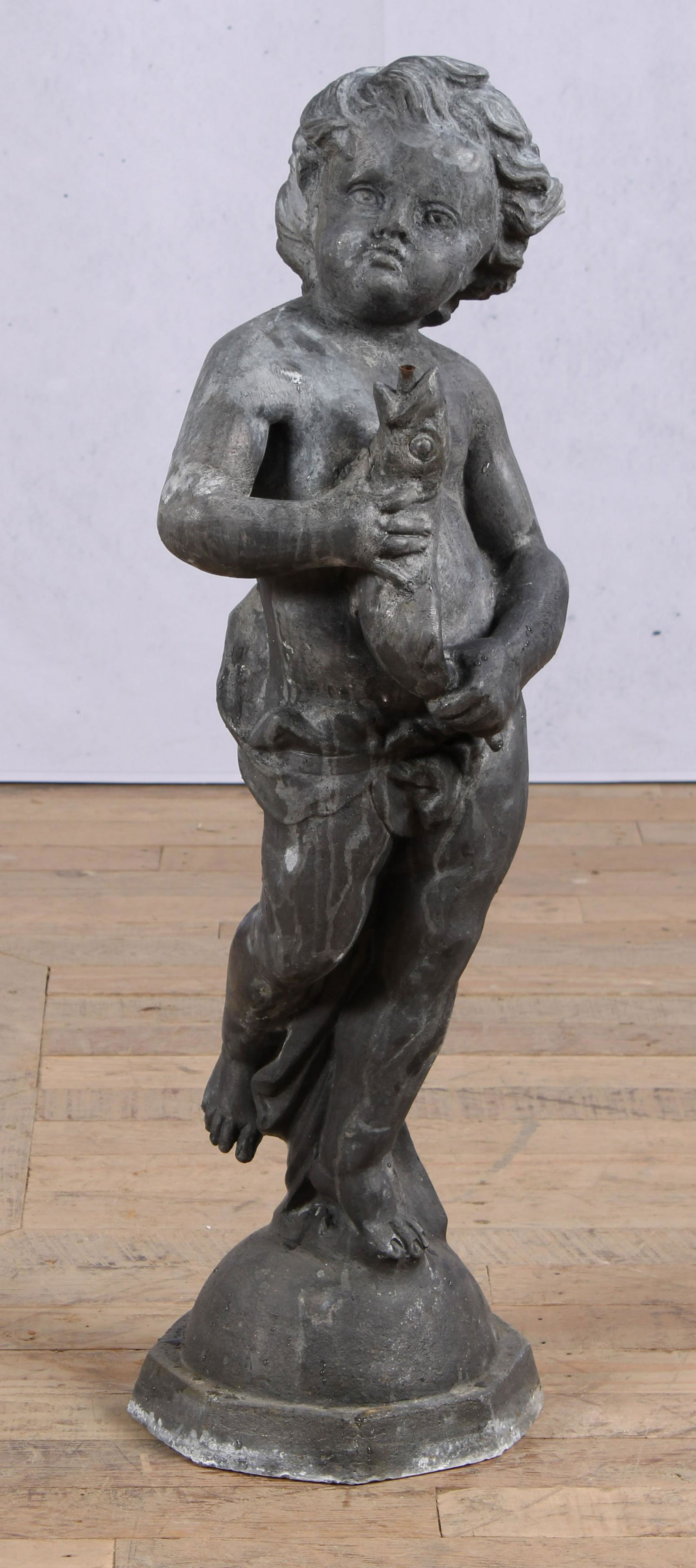 Figural Lead Fountainhead, Putto with Fish (1 of 5)