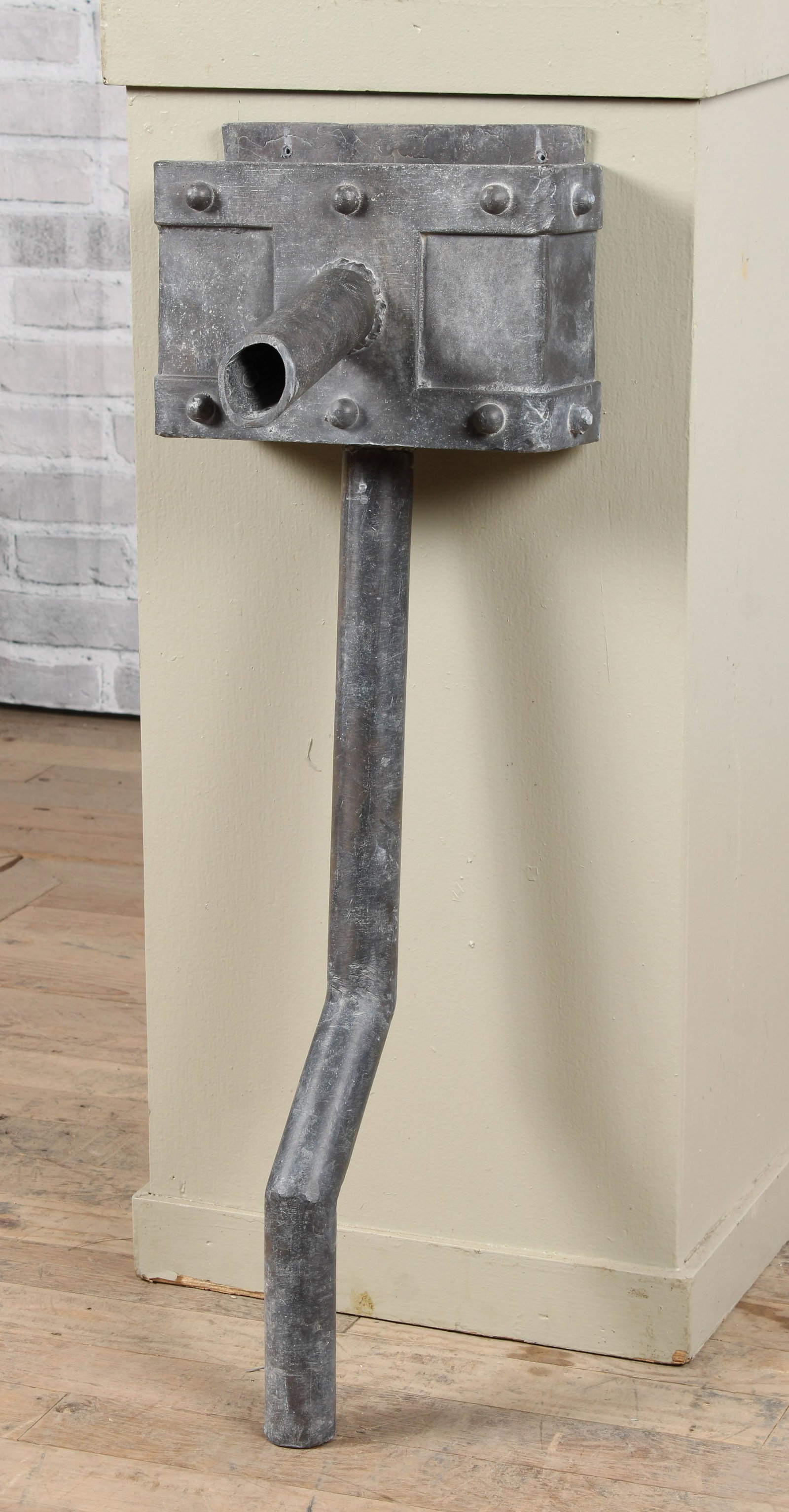 English Lead Garden Scupper: Interesting English lead fountain head or spout with riveted decoration. Measured: H 23" x W 11" x D 9"